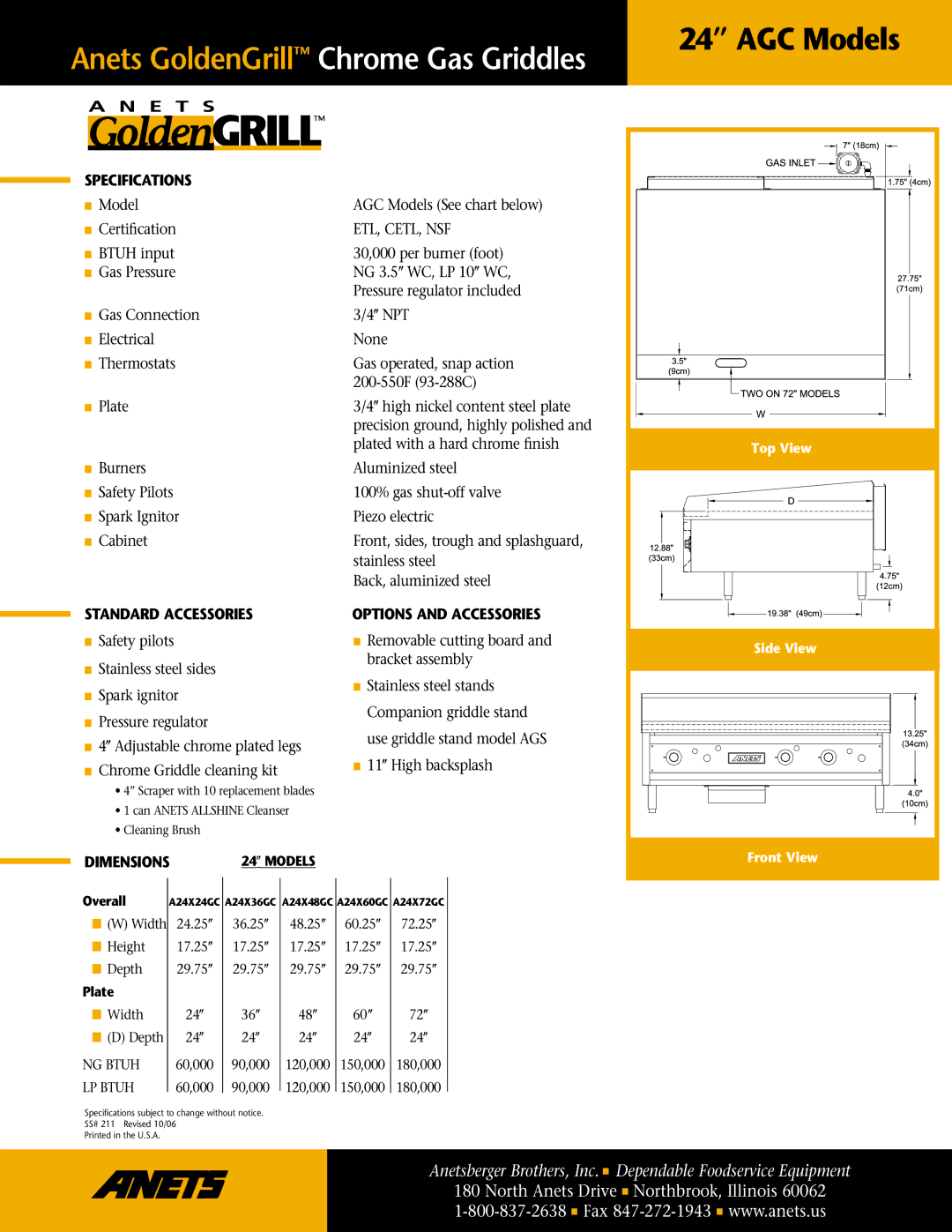 Anetsberger Brothers A24X48GC manual Specifications, Standard Accessories, Dimensions, Options and Accessories 