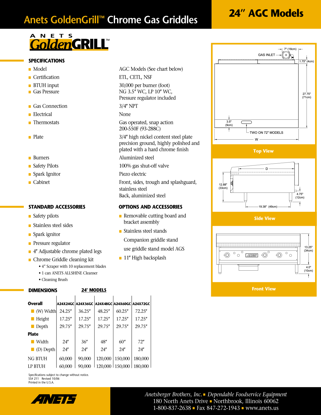 Anetsberger Brothers A24X48GC Specifications, Standard Accessories, Dimensions, Options And Accessories, 24” AGC Models 