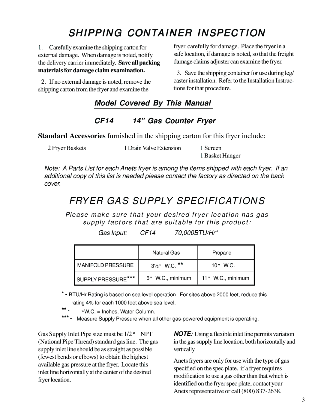 Anetsberger Brothers CF14 warranty Shipping Container Inspection, Fryer GAS Supply Specifications 