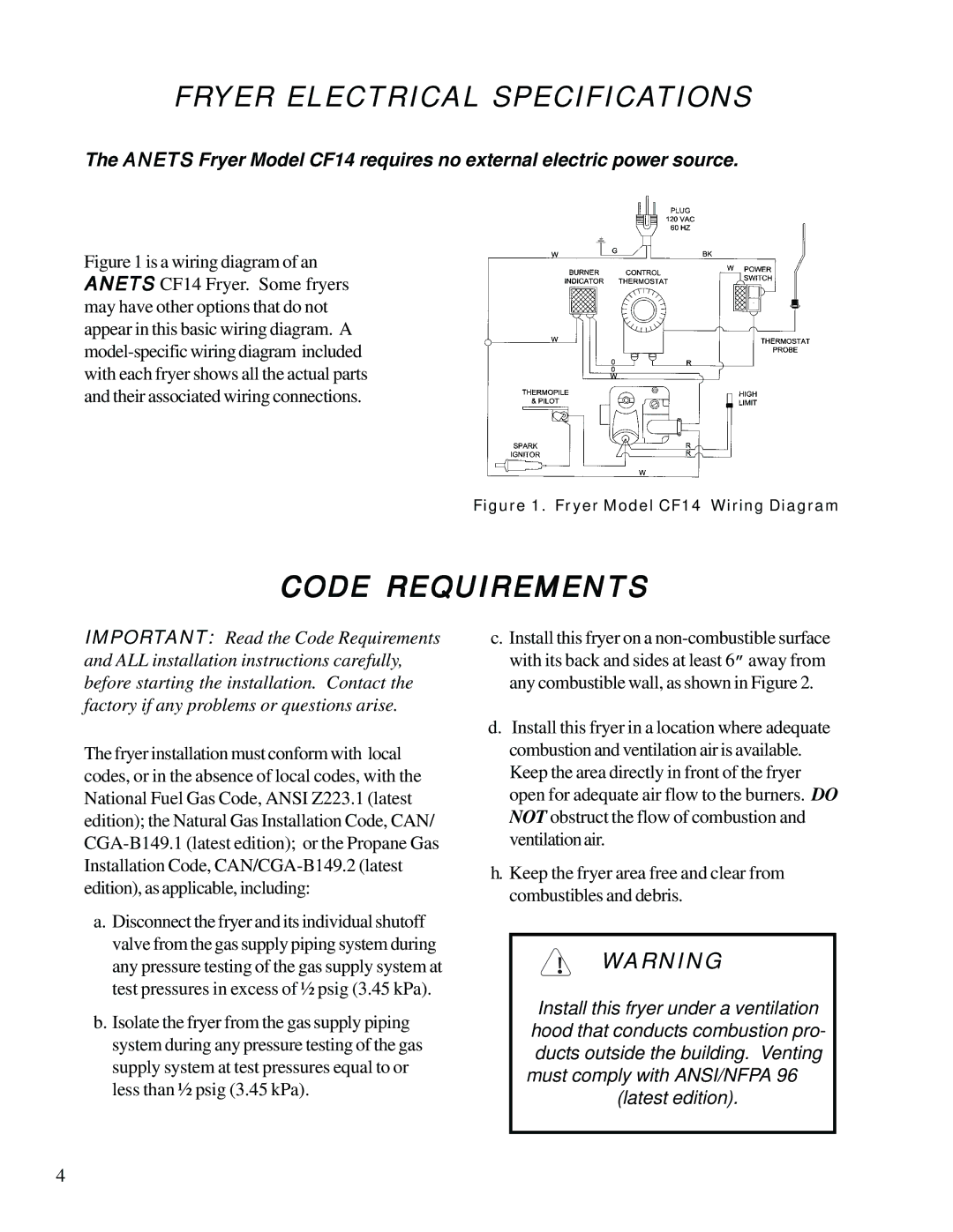 Anetsberger Brothers CF14 warranty Fryer Electrical Specifications, Code Requirements 