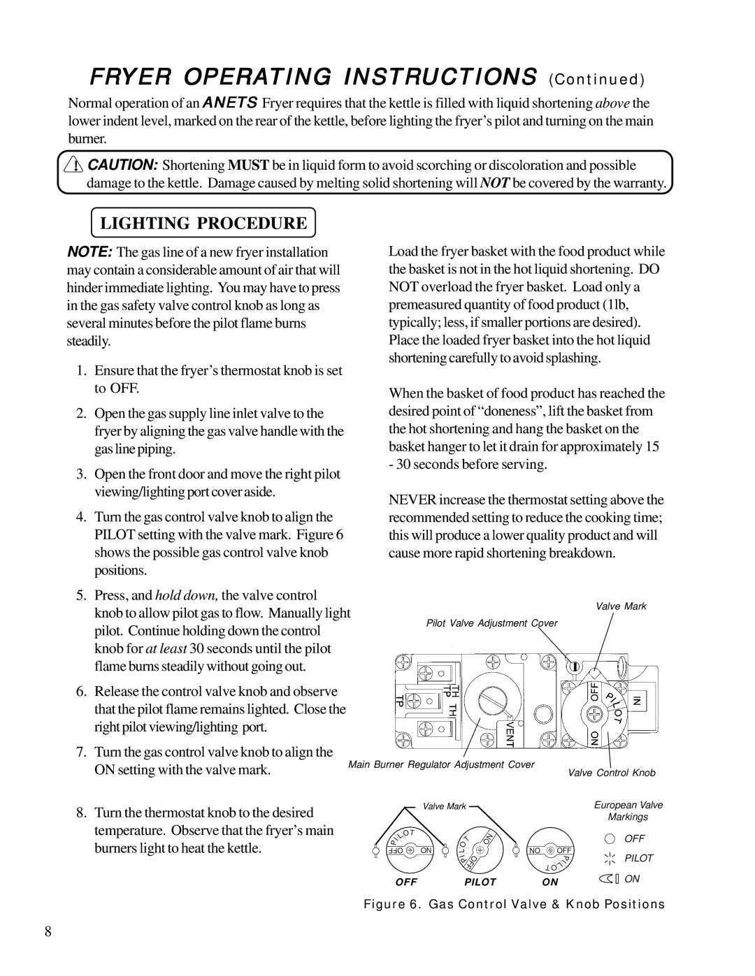 Anetsberger Brothers CF14 warranty Lighting Procedure, On setting with the valve mark 