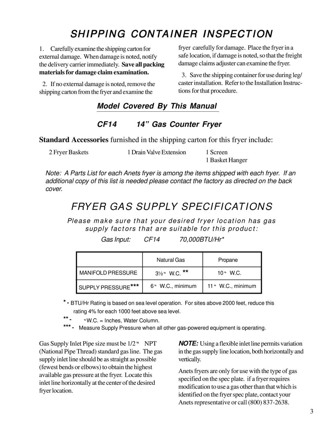 Anetsberger Brothers CF14 Shipping Container Inspection, Fryer Gas Supply Specifications, Model Covered By This Manual 