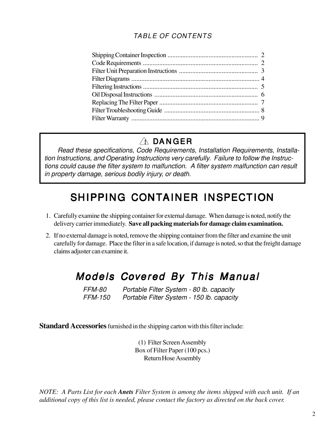 Anetsberger Brothers FFM-80, FFM-150 warranty Models Covered By This Manual 