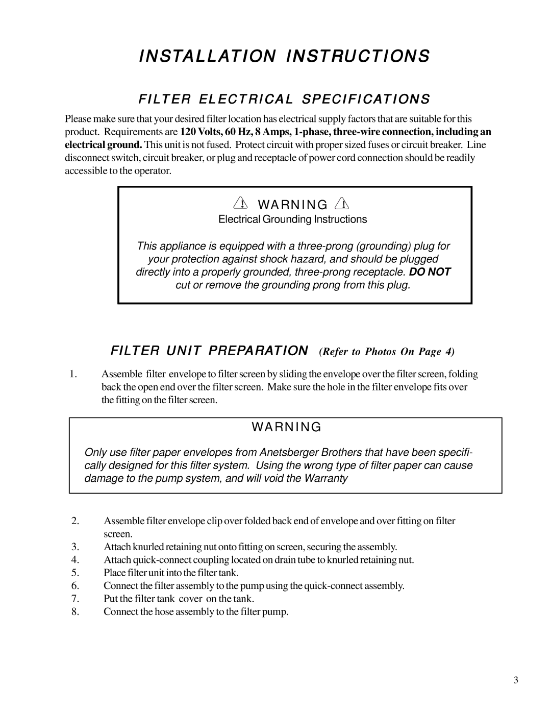 Anetsberger Brothers FFM-150, FFM-80 warranty Installation Instructions, Filter Electrical Specifications 