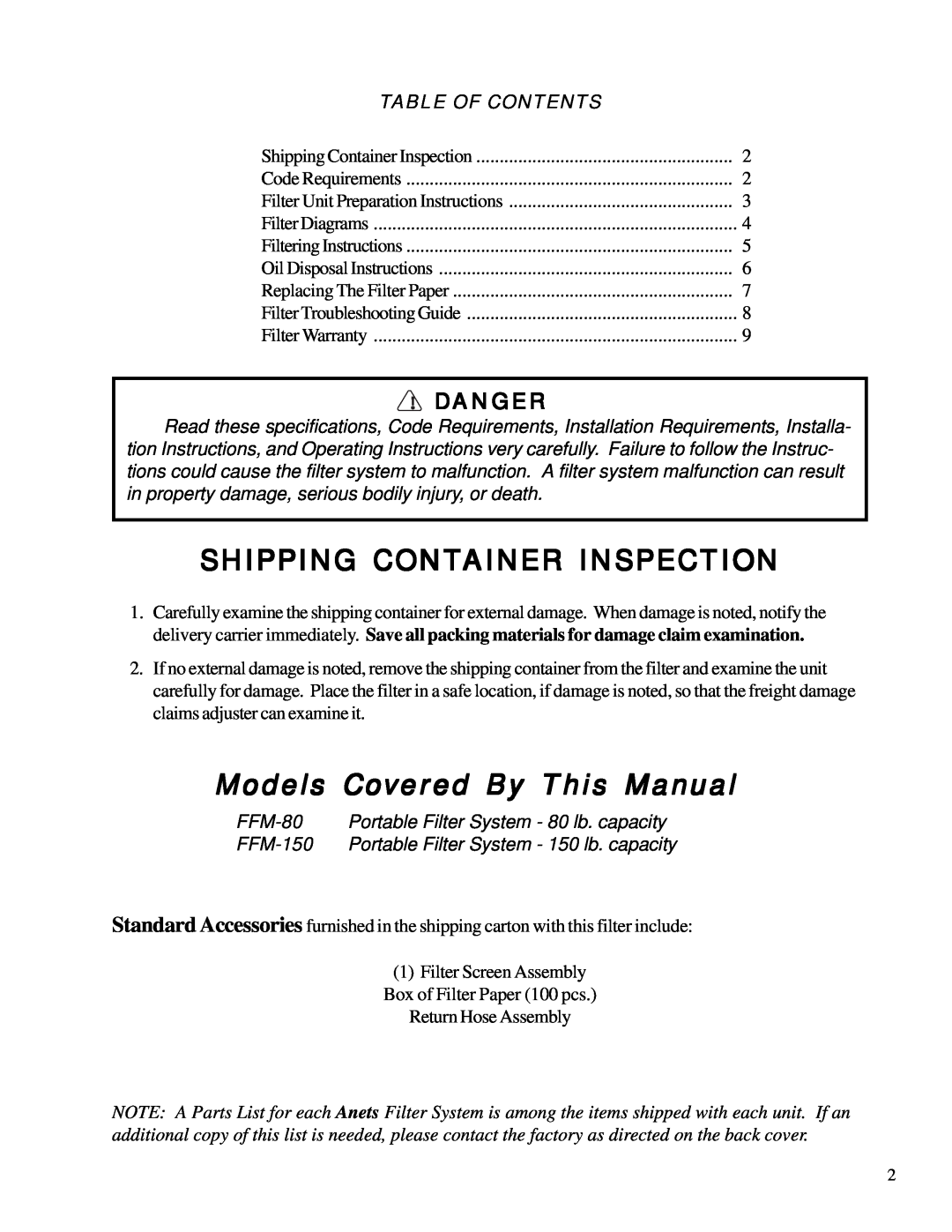 Anetsberger Brothers FFM-80 Models Covered By This Manual, Danger, Table Of Contents, Shipping Container Inspection 