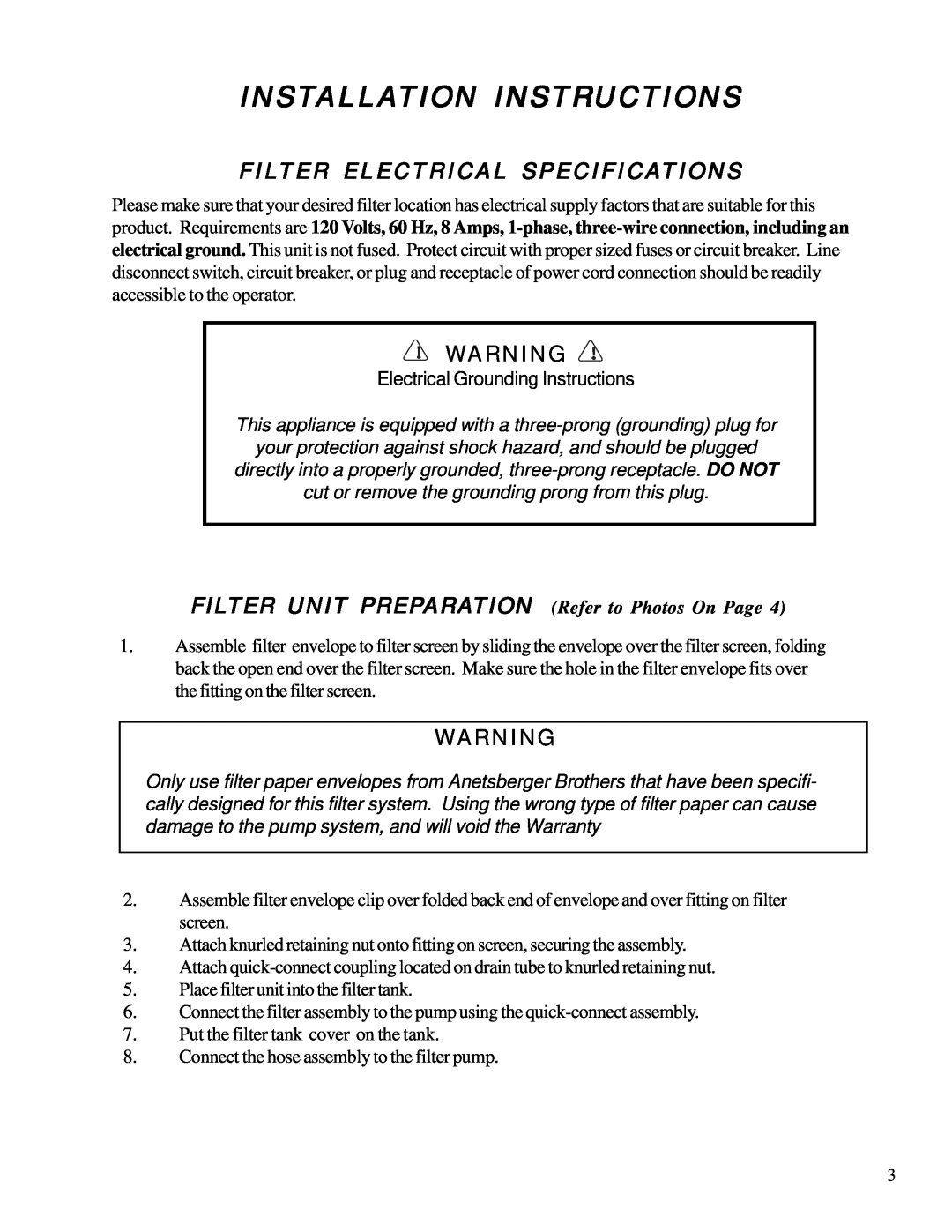 Anetsberger Brothers FFM-150, FFM-80 warranty Installation Instructions, Filter Electrical Specifications 