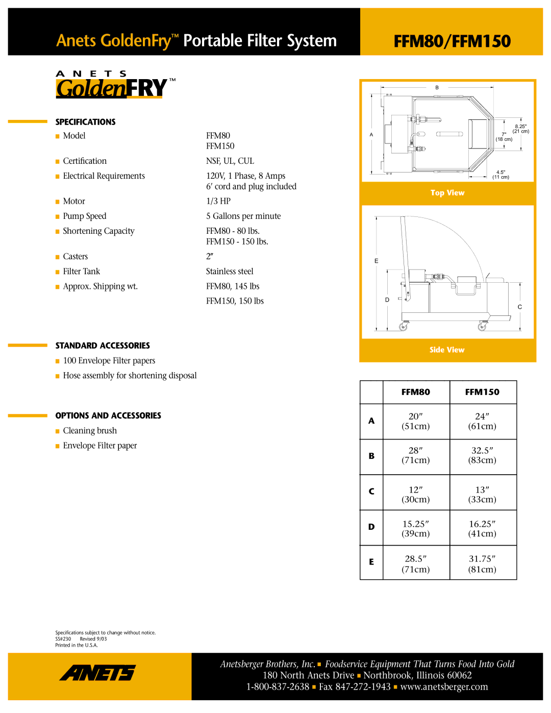 Anetsberger Brothers manual FFM80/FFM150, Specifications, Standard Accessories, Options and Accessories 