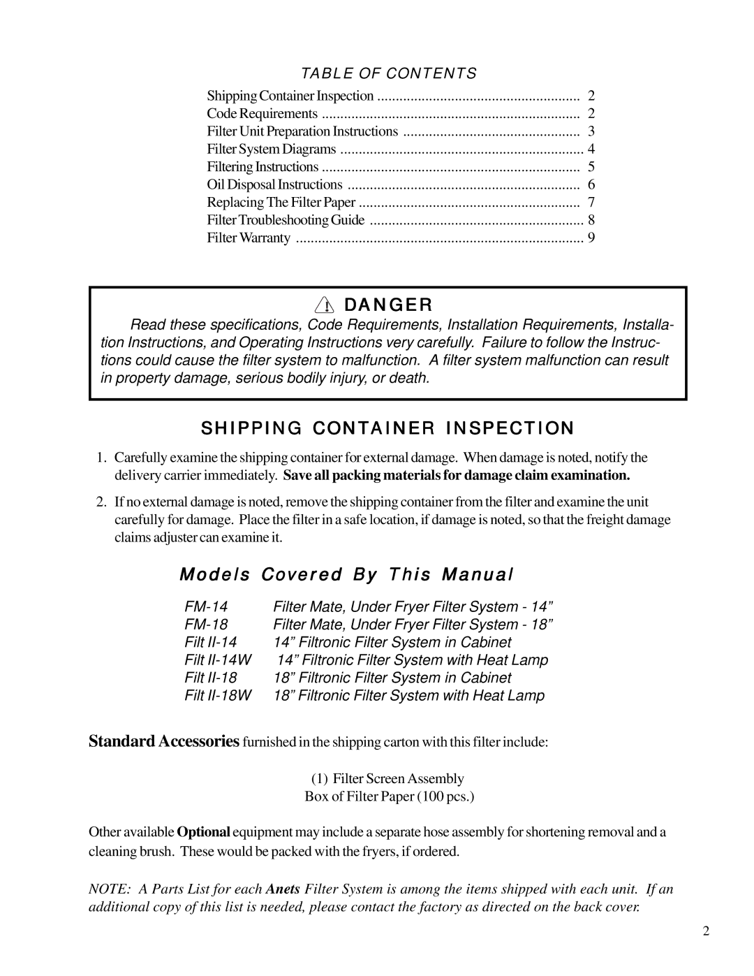 Anetsberger Brothers FM-14 warranty Models Covered By This Manual 