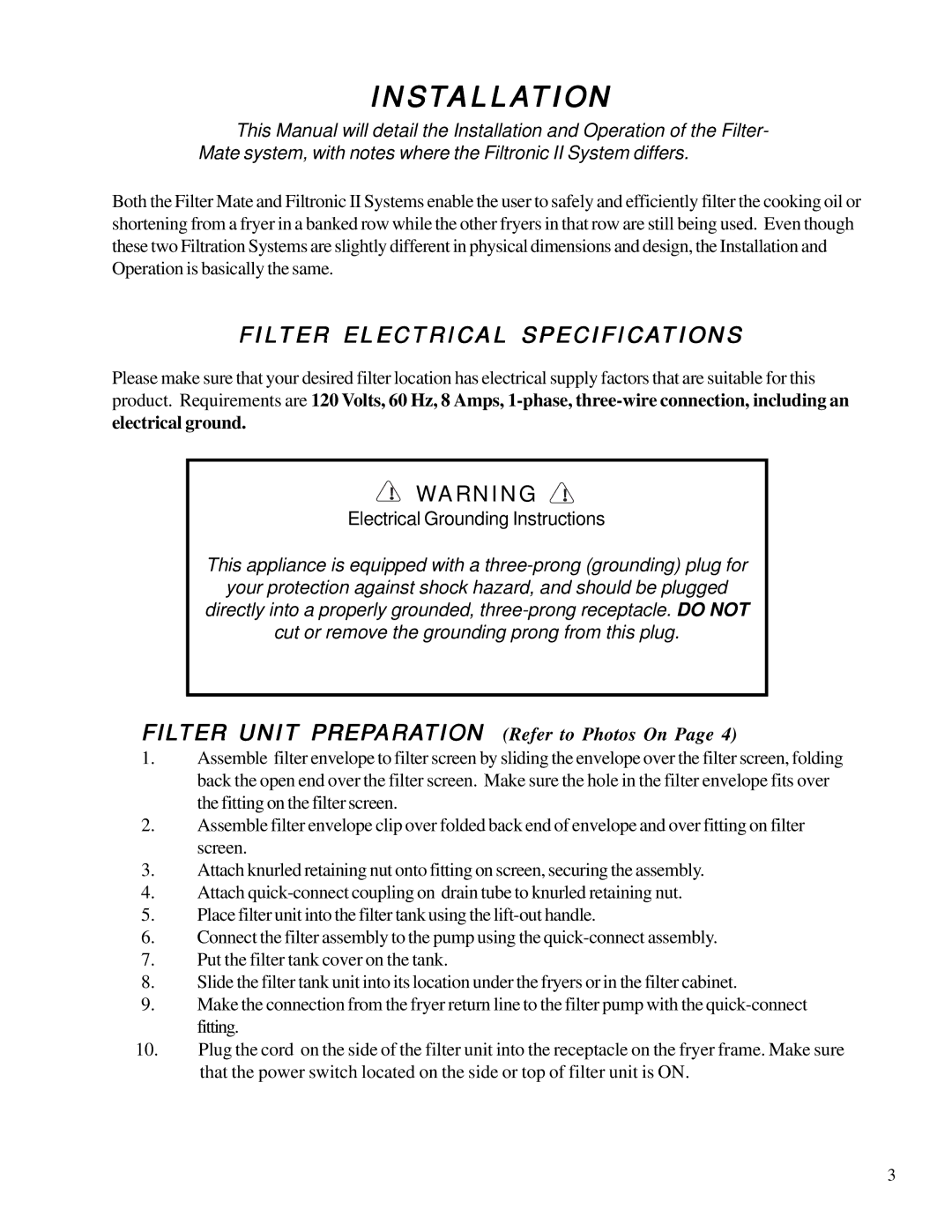 Anetsberger Brothers FM-14 warranty Installation, Filter Electrical Specifications 