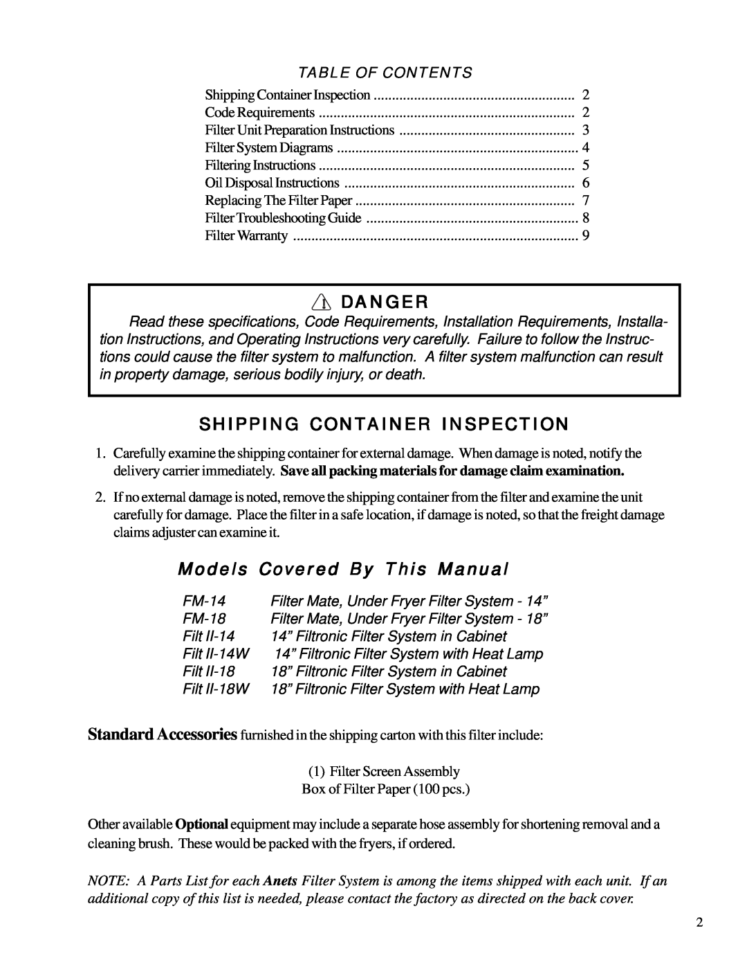 Anetsberger Brothers FM-14 warranty Danger, Shipping Container Inspection, Models Covered By This Manual, Table Of Contents 