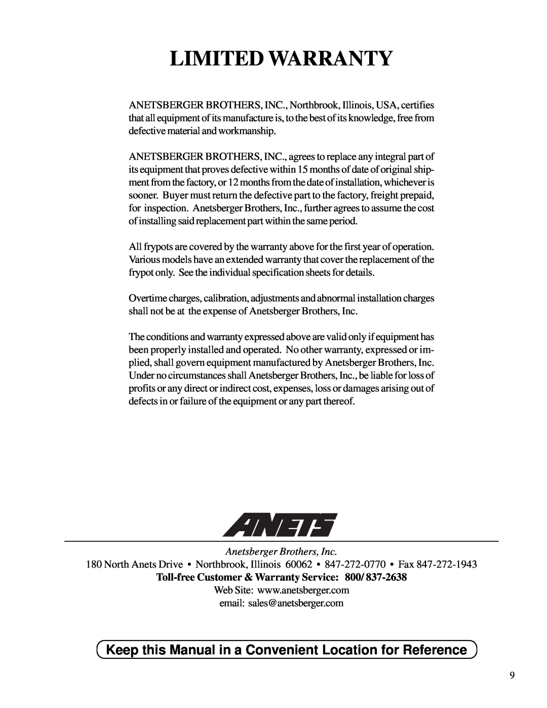 Anetsberger Brothers FM-14 warranty Limited Warranty, Anetsberger Brothers, Inc, Toll-freeCustomer & Warranty Service 