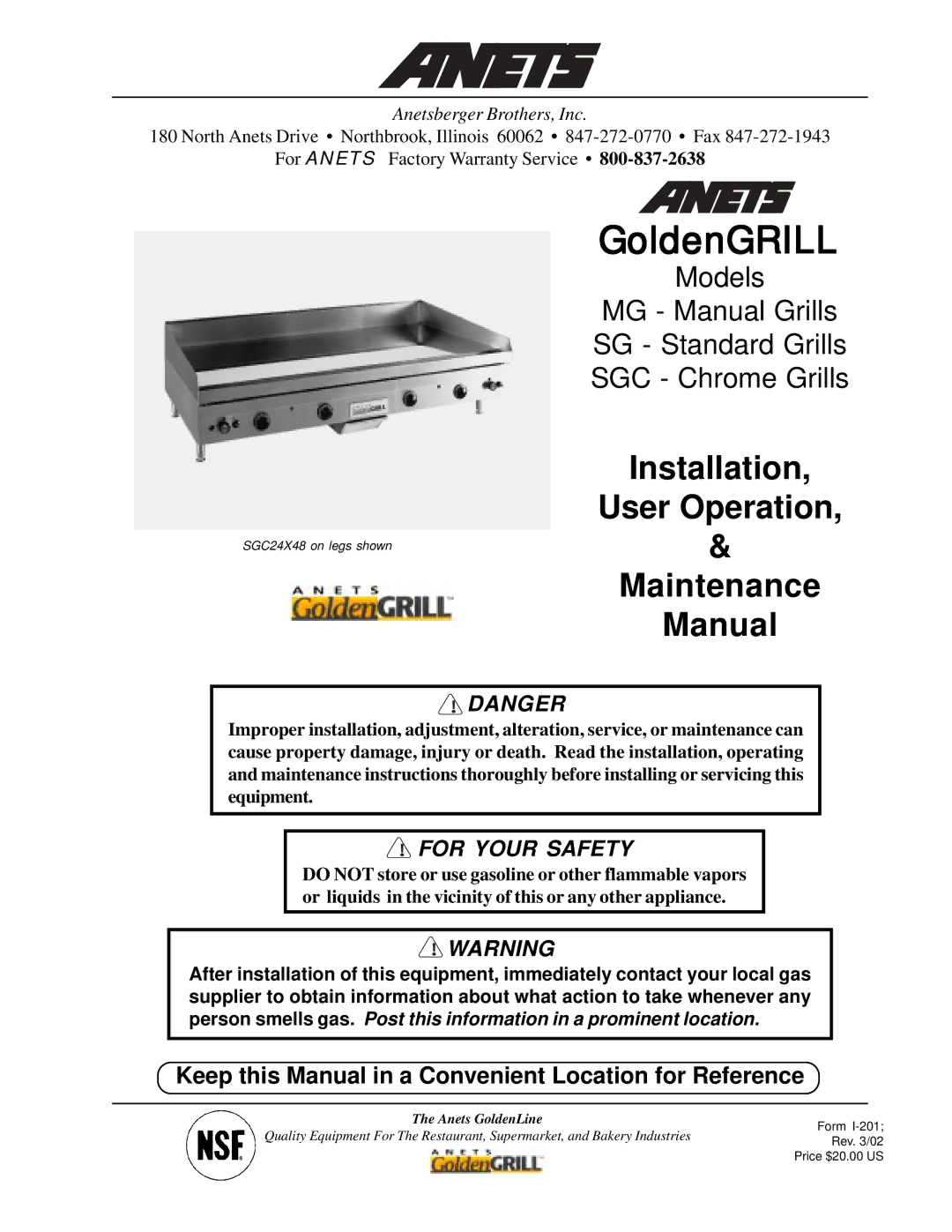 Anetsberger Brothers MG, SG, SGC warranty GoldenGRILL 