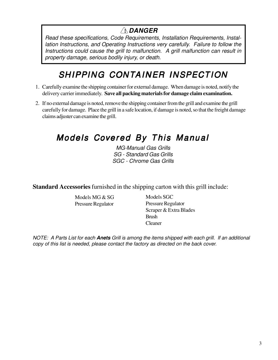 Anetsberger Brothers MG, SG, SGC warranty Shipping Container Inspection, Models Covered By This Manual 