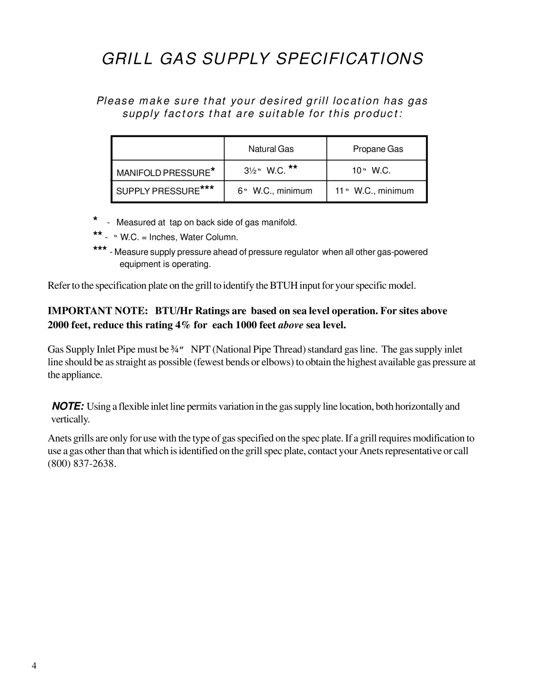 Anetsberger Brothers MG, SG, SGC warranty Grill GAS Supply Specifications, Supply Pressure 