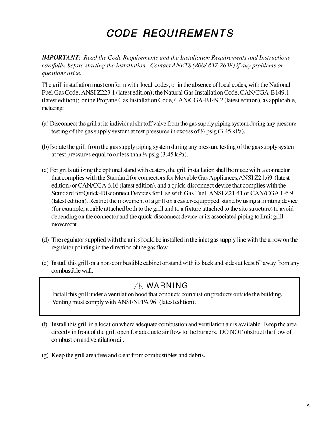 Anetsberger Brothers MG, SG, SGC warranty Code Requirements 