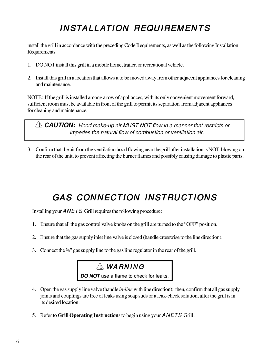 Anetsberger Brothers MG, SG, SGC warranty Installation Requirements, GAS Connection Instructions 