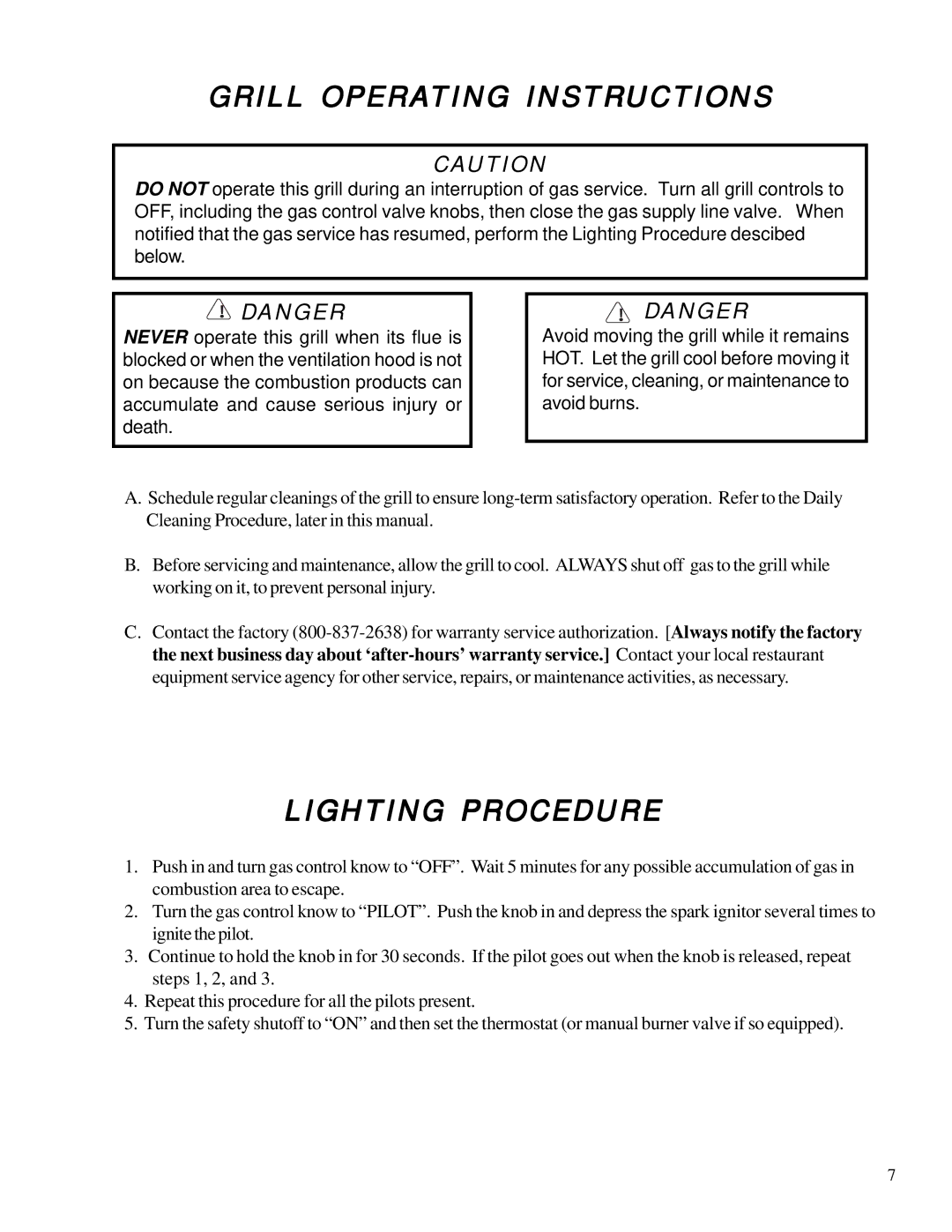 Anetsberger Brothers MG, SG, SGC warranty Grill Operating Instructions, Lighting Procedure 