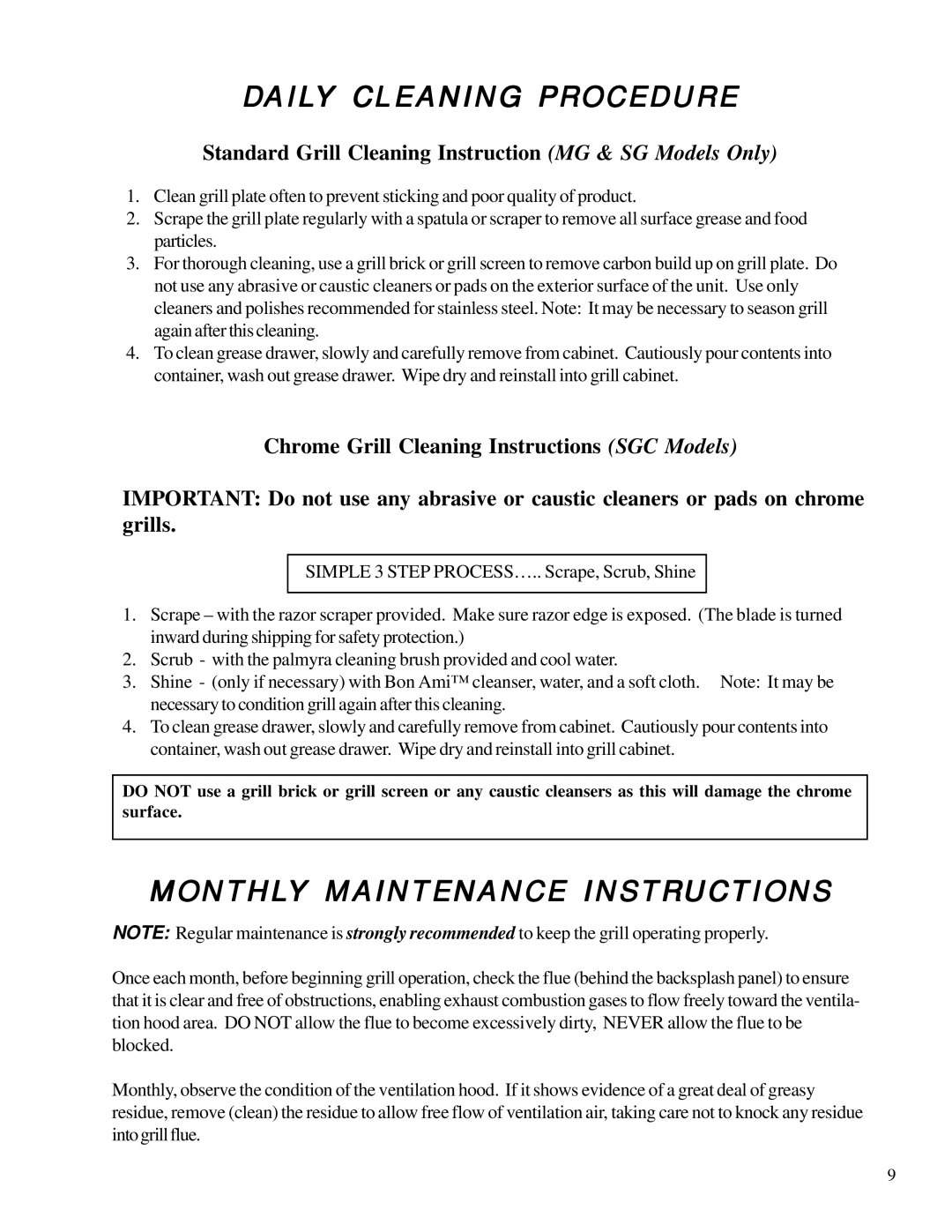 Anetsberger Brothers MG, SG, SGC warranty Daily Cleaning Procedure, Monthly Maintenance Instructions 