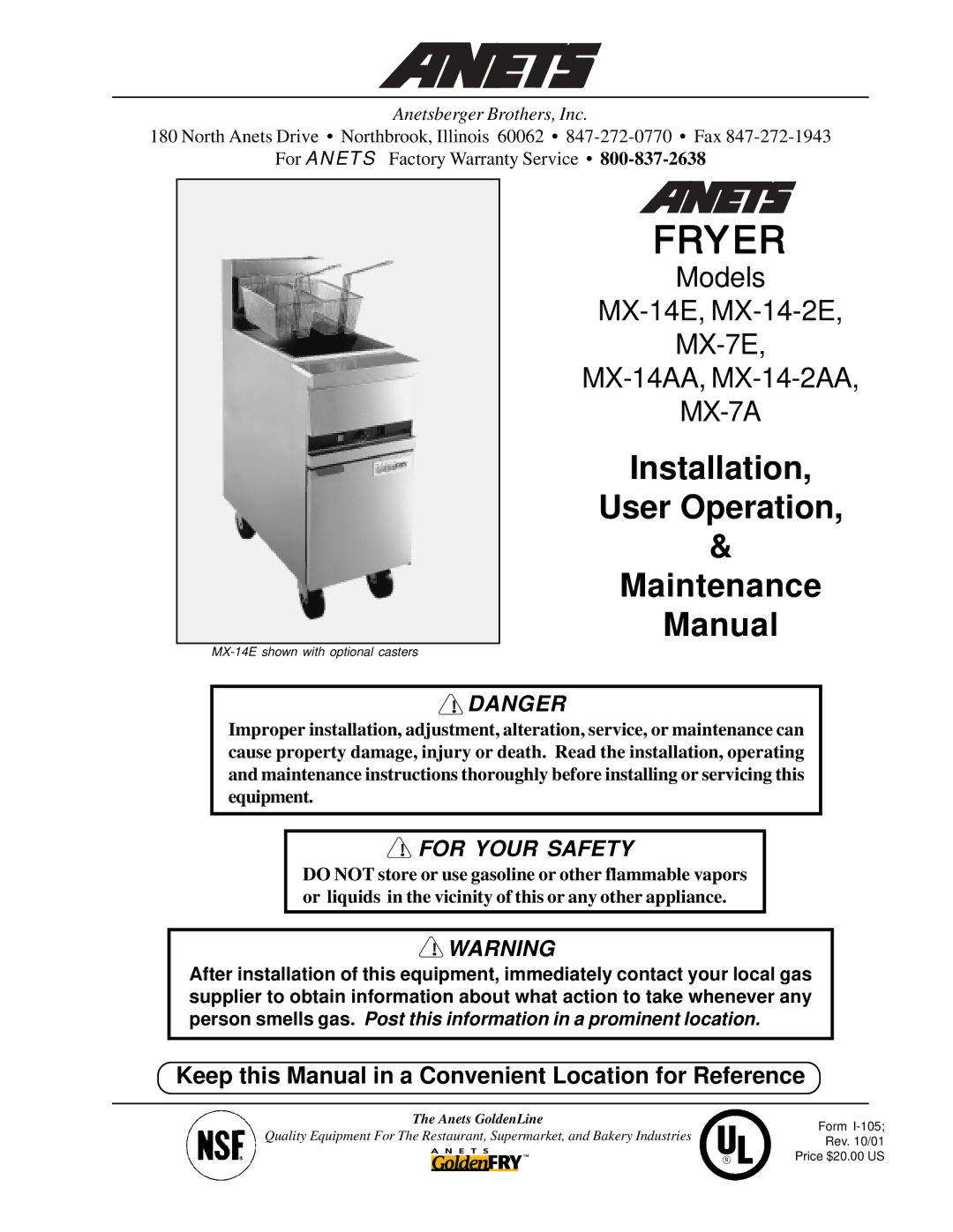 Anetsberger Brothers MX-14E, MX-7E, MX-14AA, MX-14-2E, MX-7A, MX-14-2AA warranty Fryer 