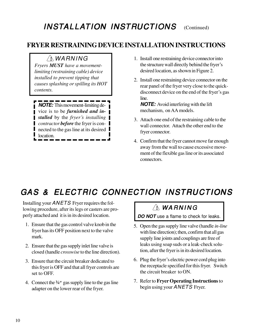 Anetsberger Brothers MX-7A GAS & Electric Connection Instructions, Fryer Restraining Device Installation Instructions 