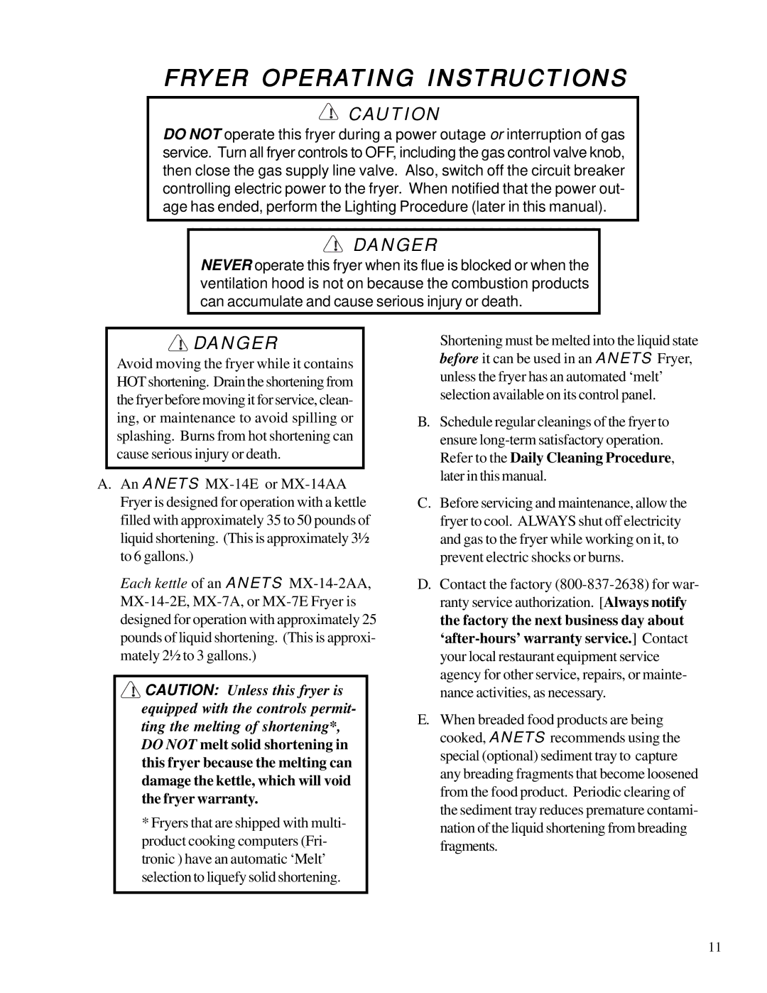 Anetsberger Brothers MX-14-2AA, MX-7E, MX-14E, MX-14AA, MX-14-2E, MX-7A warranty Fryer Operating Instructions 