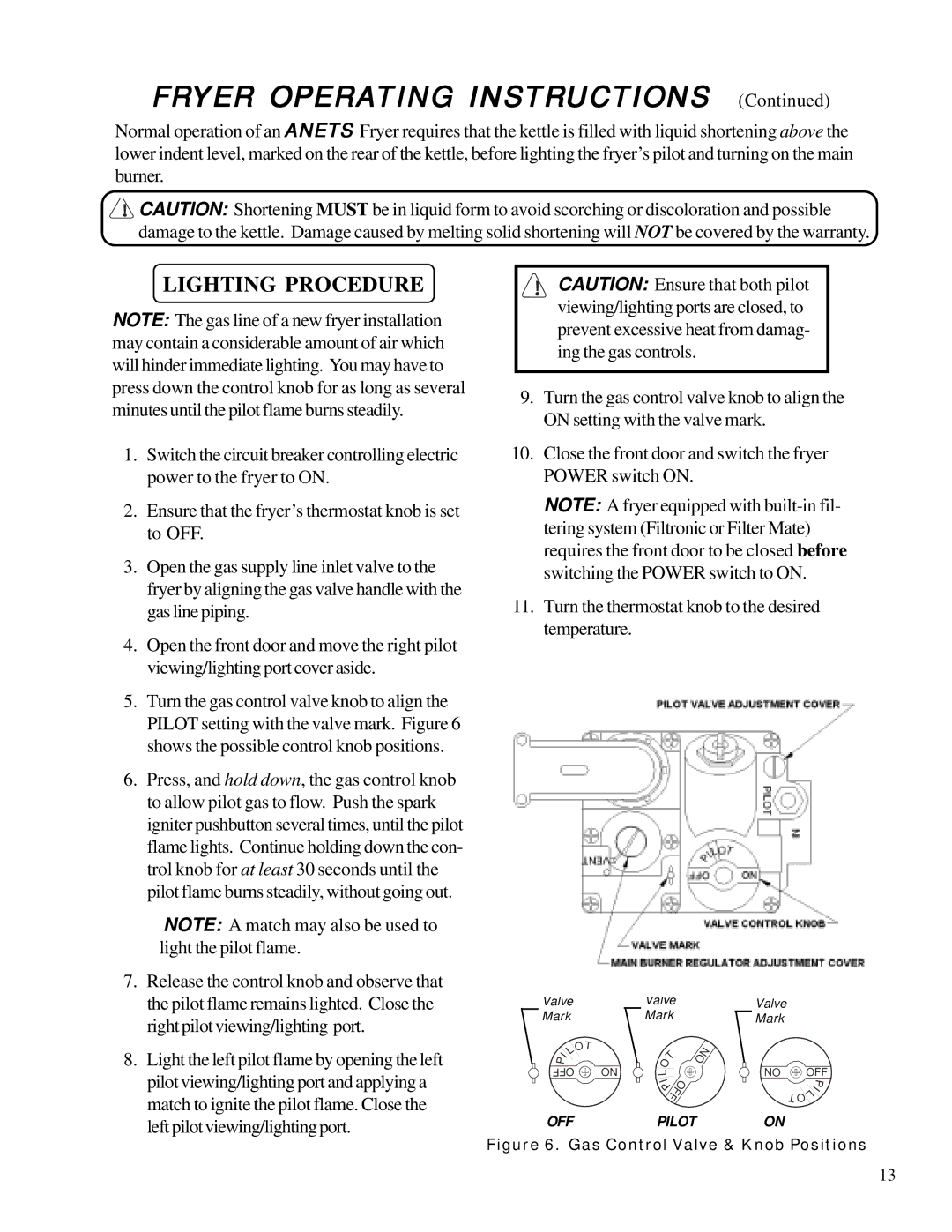 Anetsberger Brothers MX-14E, MX-7E, MX-14AA, MX-14-2E, MX-7A, MX-14-2AA Lighting Procedure, Gas Control Valve & Knob Positions 