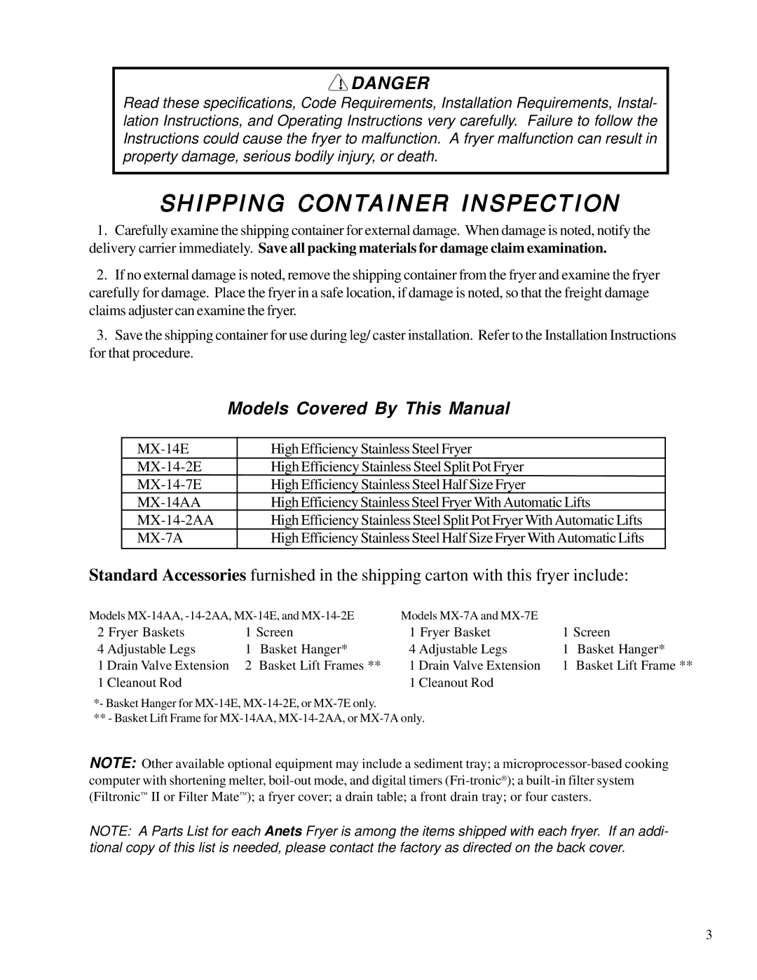 Anetsberger Brothers MX-14-2E, MX-7E, MX-14E, MX-14AA, MX-7A Shipping Container Inspection, Models Covered By This Manual 