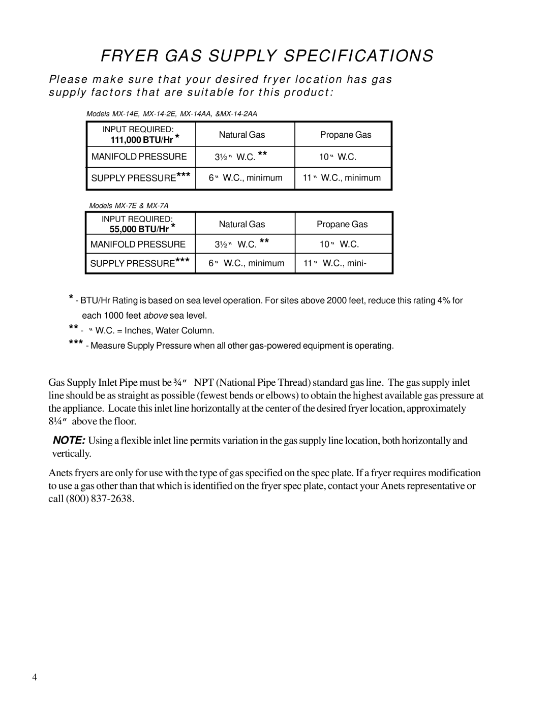 Anetsberger Brothers MX-7A, MX-7E, MX-14E, MX-14AA, MX-14-2E, MX-14-2AA warranty Fryer GAS Supply Specifications, 111,000 BTU/Hr 