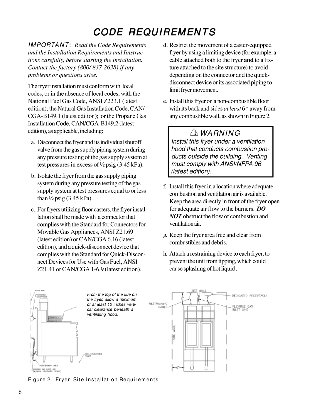 Anetsberger Brothers MX-7E, MX-14E, MX-14AA, MX-14-2E, MX-7A warranty Code Requirements, Fryer Site Installation Requirements 