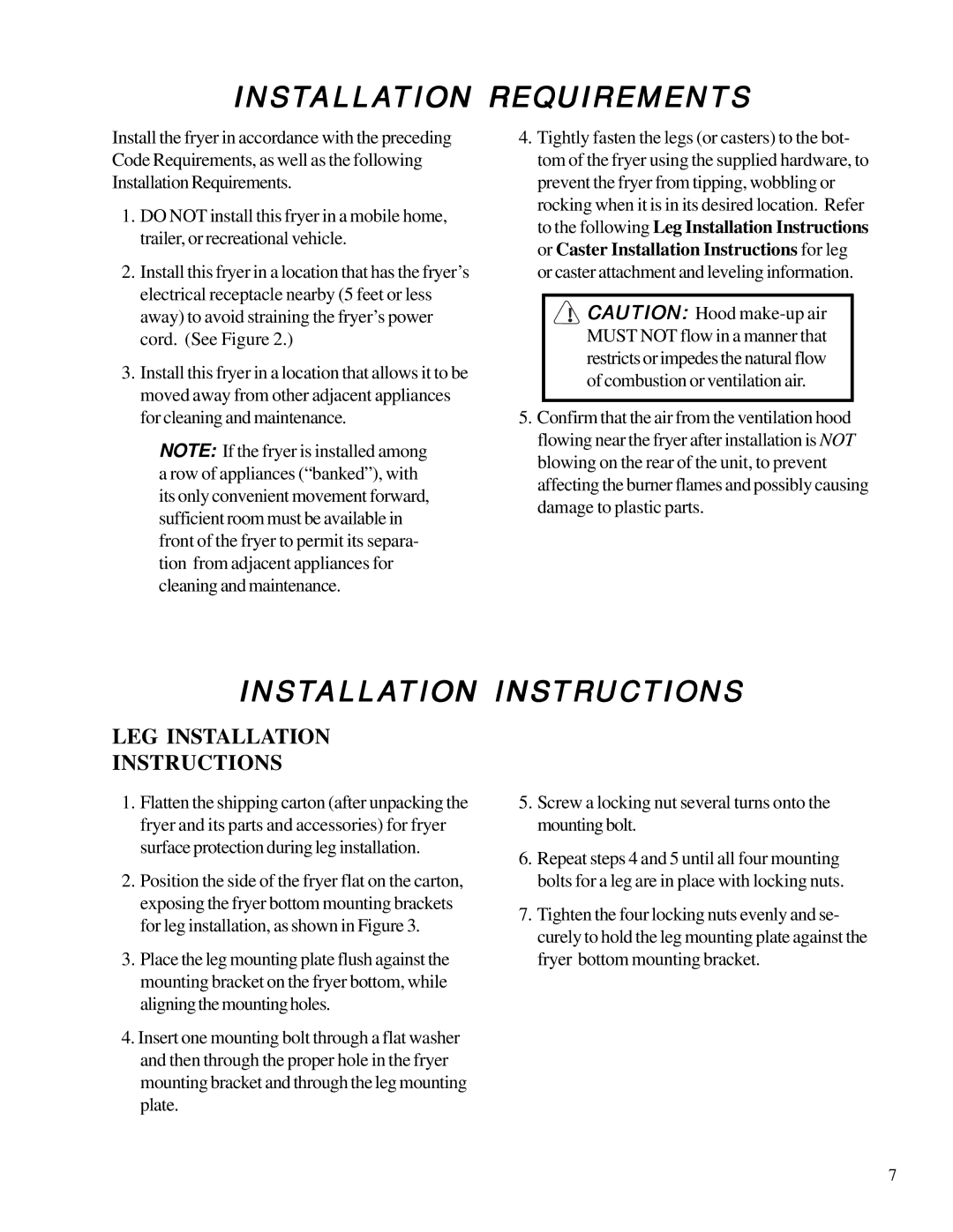 Anetsberger Brothers MX-14E, MX-7E, MX-14AA, MX-14-2E, MX-7A Installation Requirements, LEG Installation Instructions 