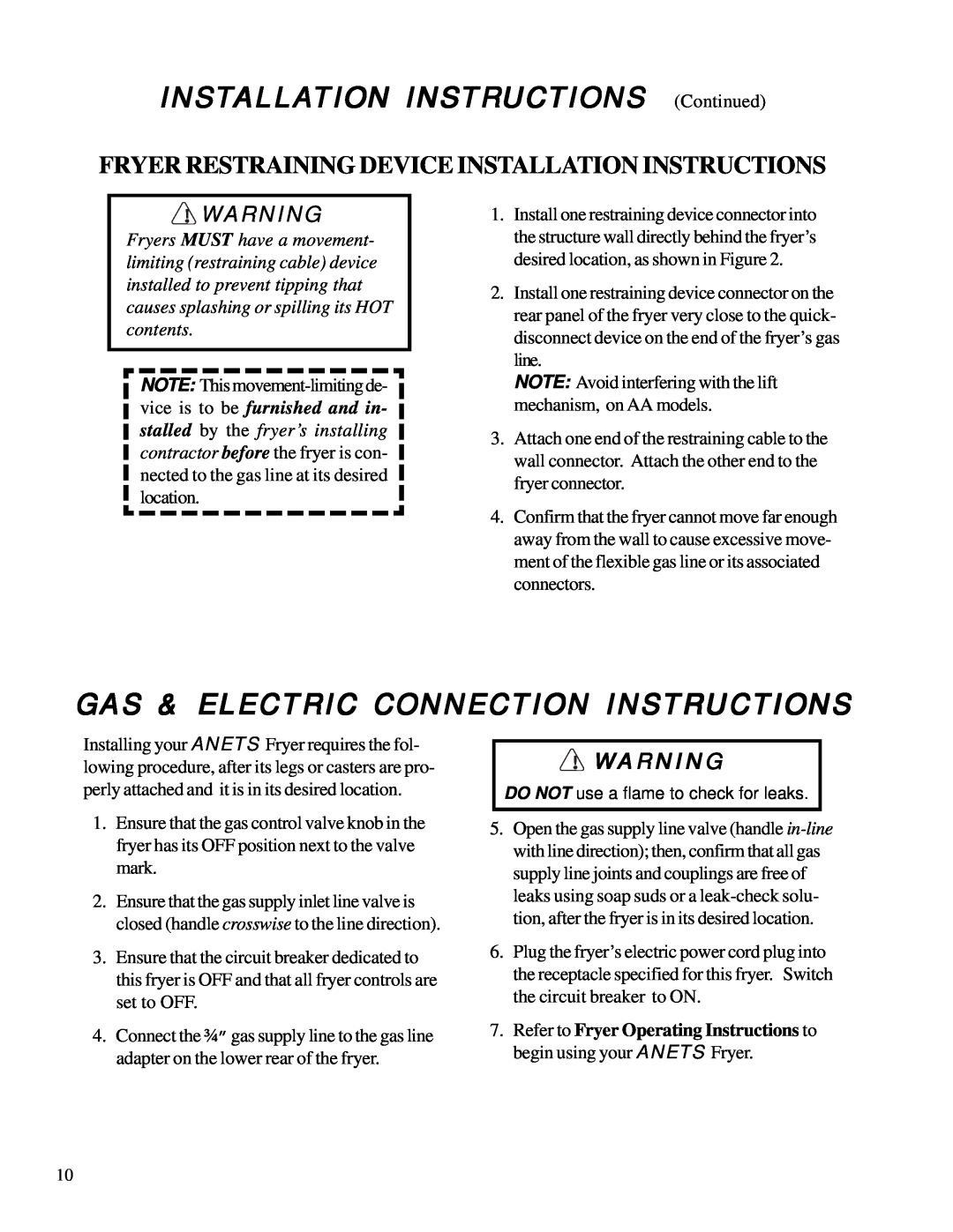 Anetsberger Brothers MX-7A, MX-7E, MX-14E Gas & Electric Connection Instructions, INSTALLATION INSTRUCTIONS Continued 
