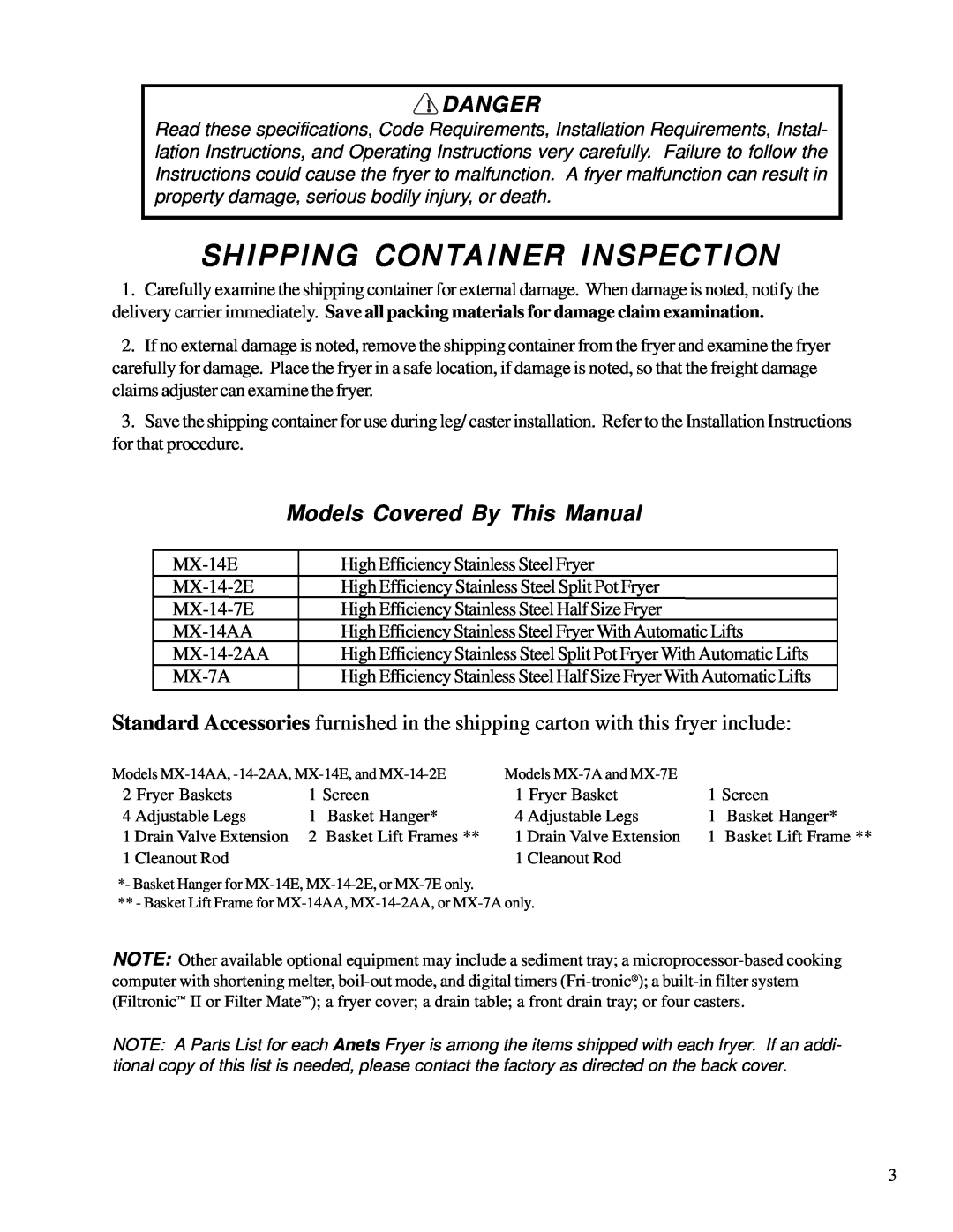 Anetsberger Brothers MX-14-2E, MX-7E, MX-14E, MX-14AA Shipping Container Inspection, Models Covered By This Manual, Danger 