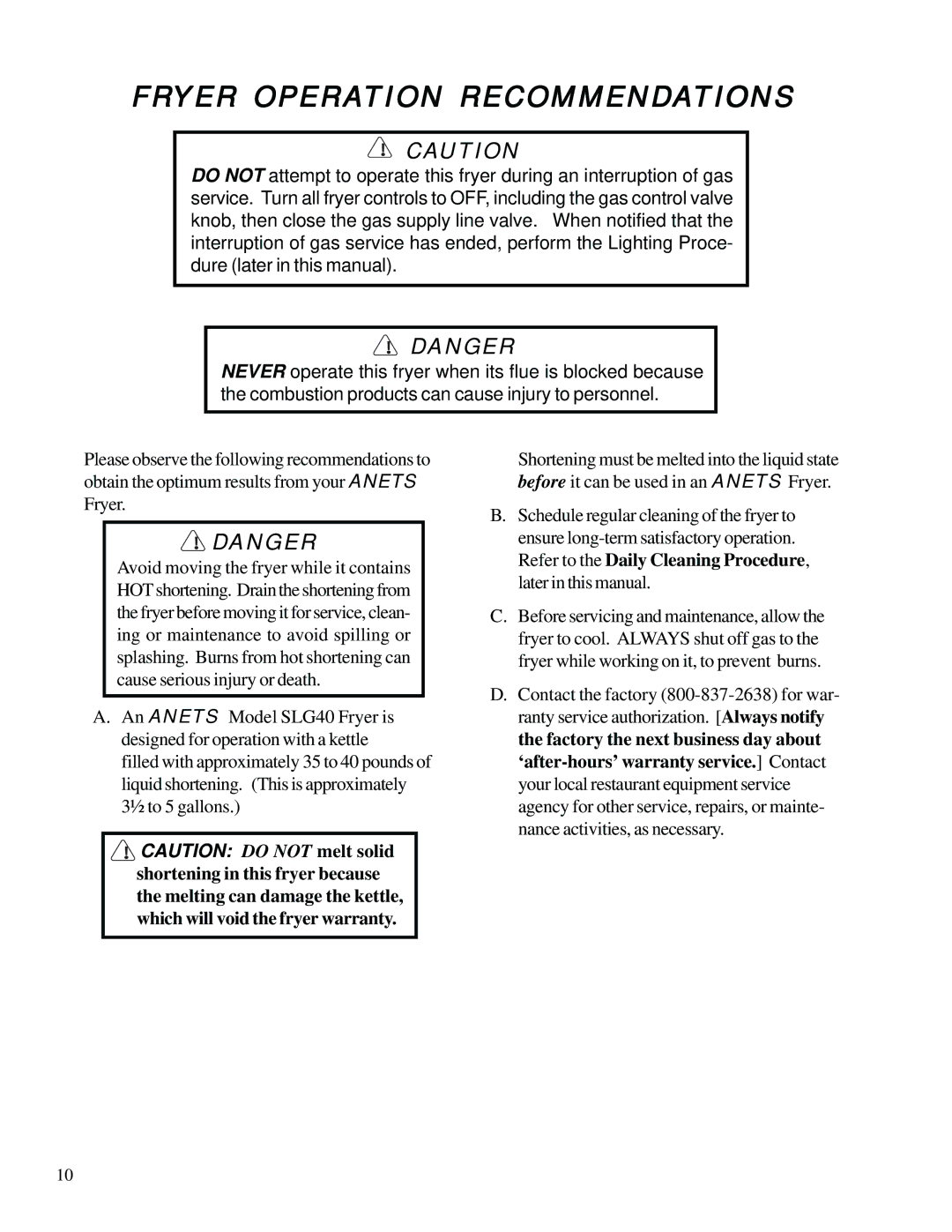 Anetsberger Brothers SLG40 warranty Fryer Operation Recommendations 