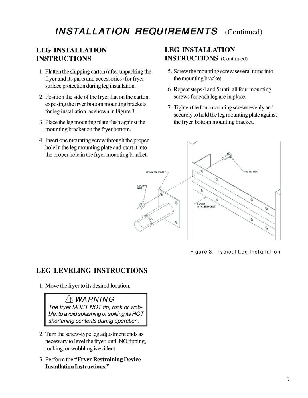 Anetsberger Brothers SLG40 warranty Installation Requirements, LEG Installation Instructions, LEG Leveling Instructions 