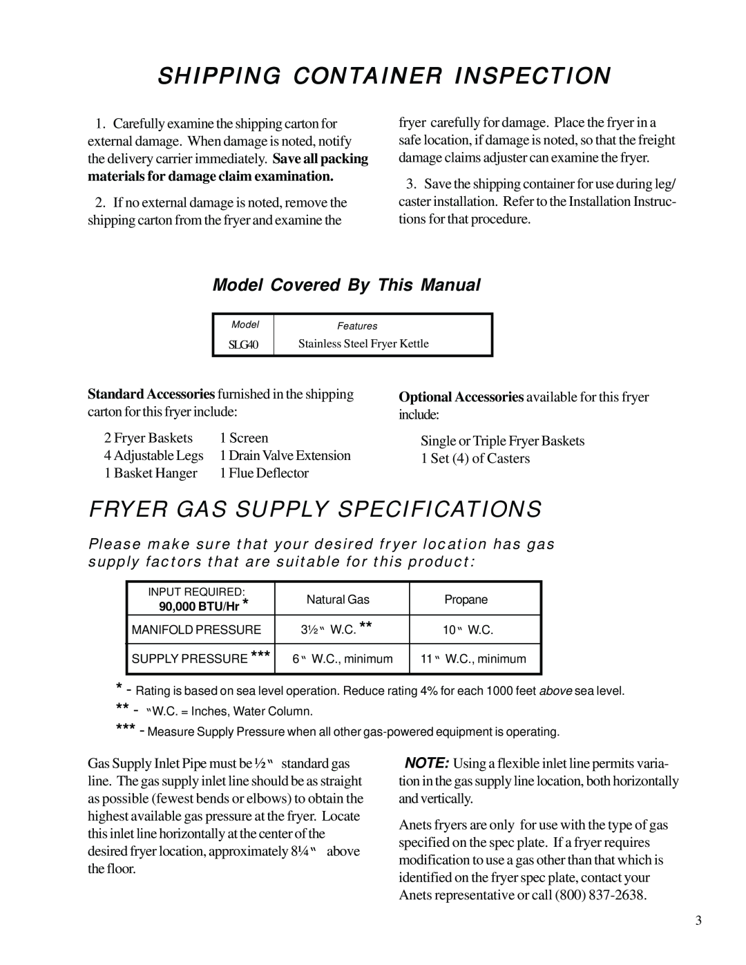 Anetsberger Brothers SLG40 Shipping Container Inspection, Fryer Gas Supply Specifications, Model Covered By This Manual 