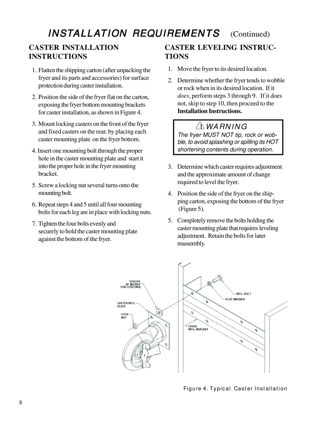 Anetsberger Brothers SLG40 warranty Caster Installation Instructions, Caster Leveling Instruc- Tions 