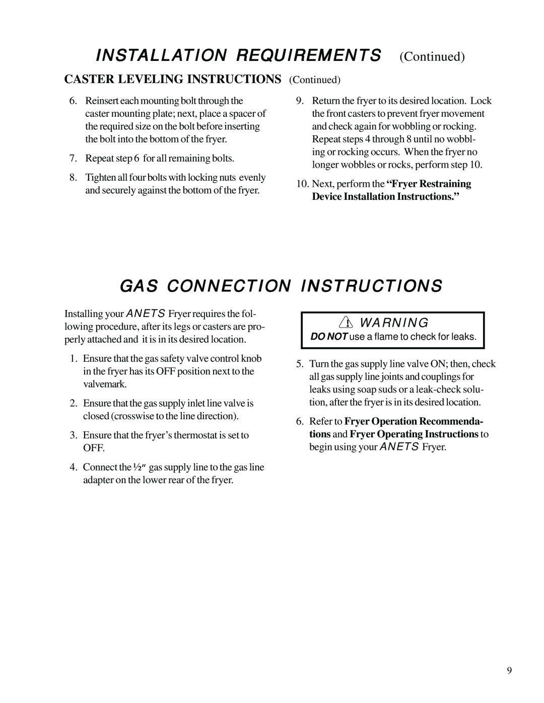 Anetsberger Brothers SLG40 Gas Connection Instructions, Caster Leveling Instructions, Device Installation Instructions.” 