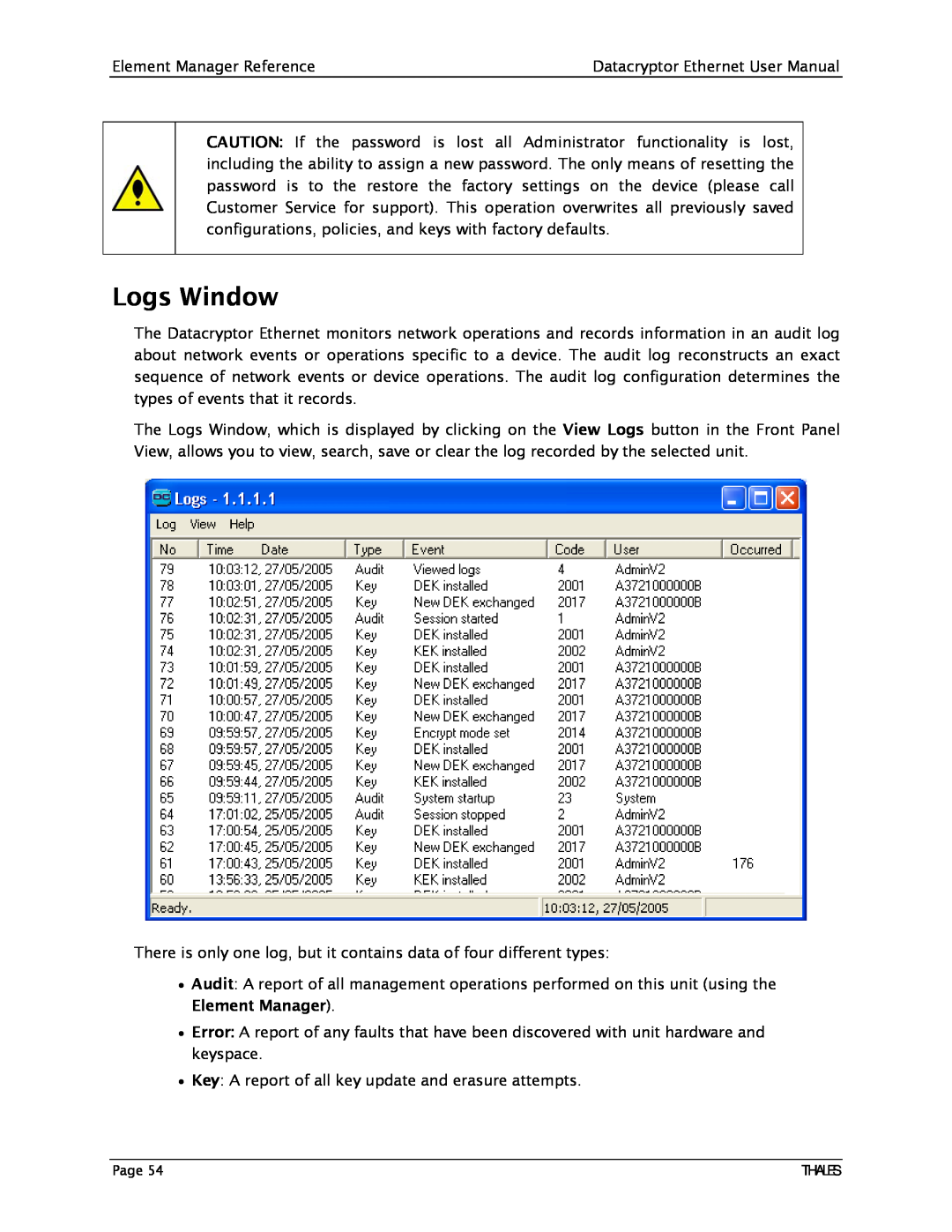 Angenieux 1270A450-005 user manual Logs Window 