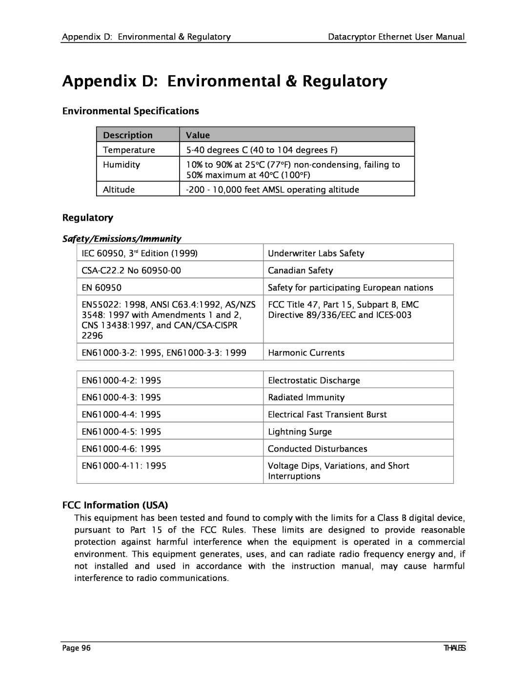 Angenieux 1270A450-005 Appendix D Environmental & Regulatory, Environmental Specifications, FCC Information USA, Value 