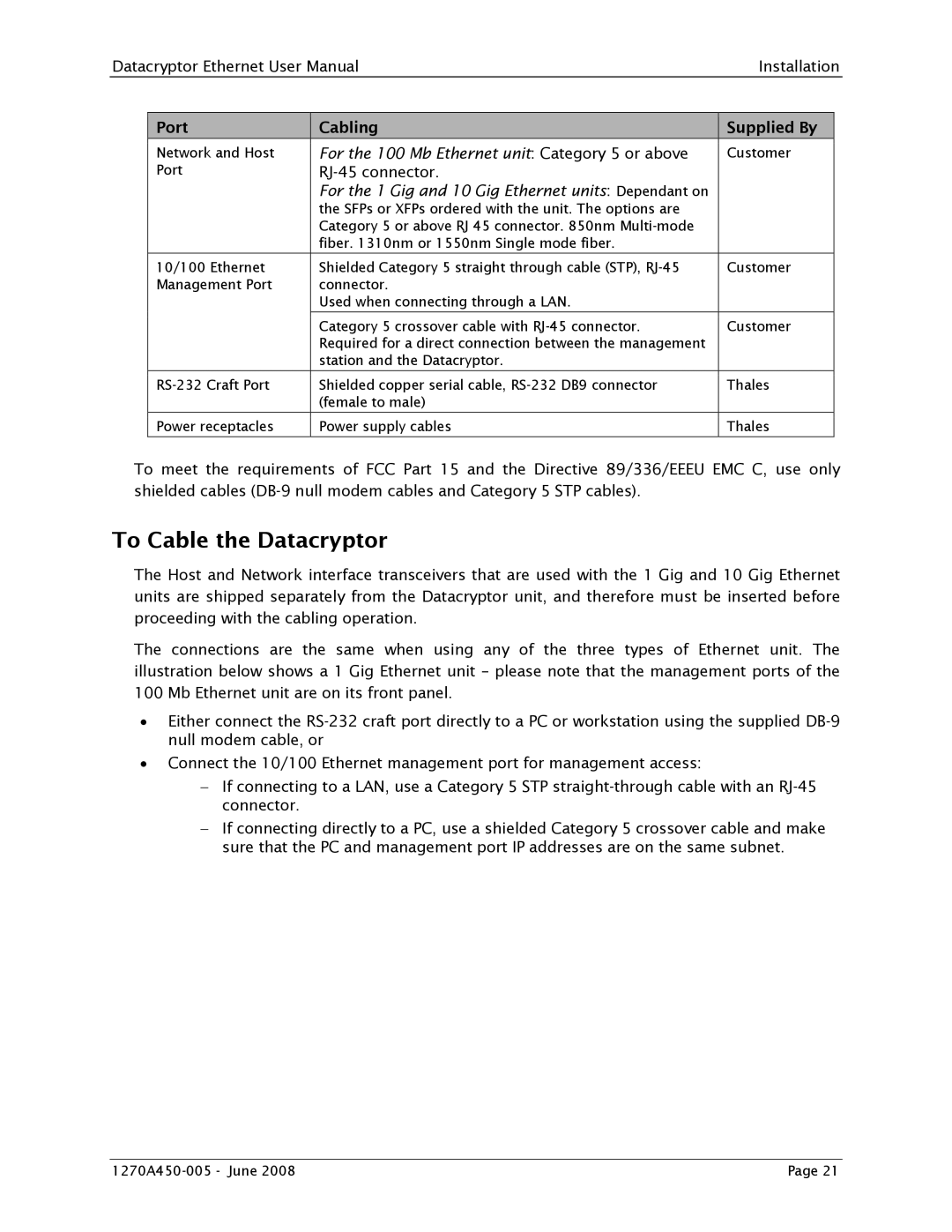 Angenieux 1270A450-005 user manual To Cable the Datacryptor, Port Cabling Supplied By 