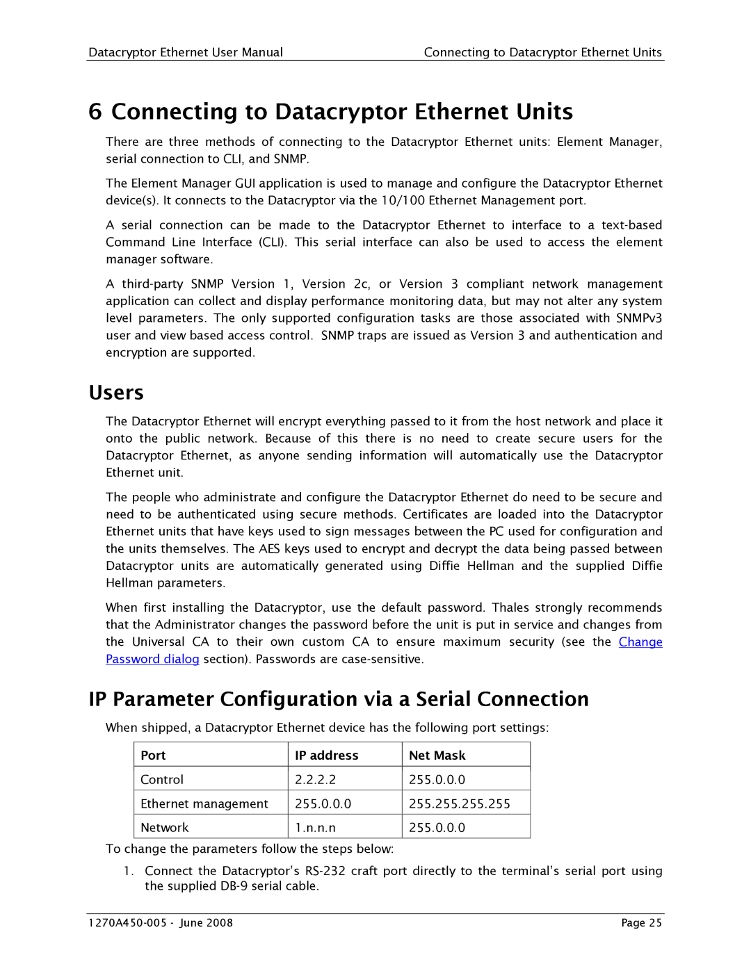 Angenieux 1270A450-005 Connecting to Datacryptor Ethernet Units, Users, IP Parameter Configuration via a Serial Connection 