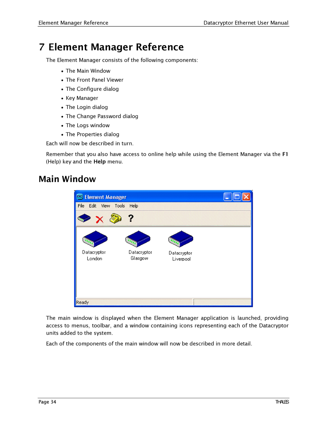 Angenieux 1270A450-005 user manual Element Manager Reference, Main Window 