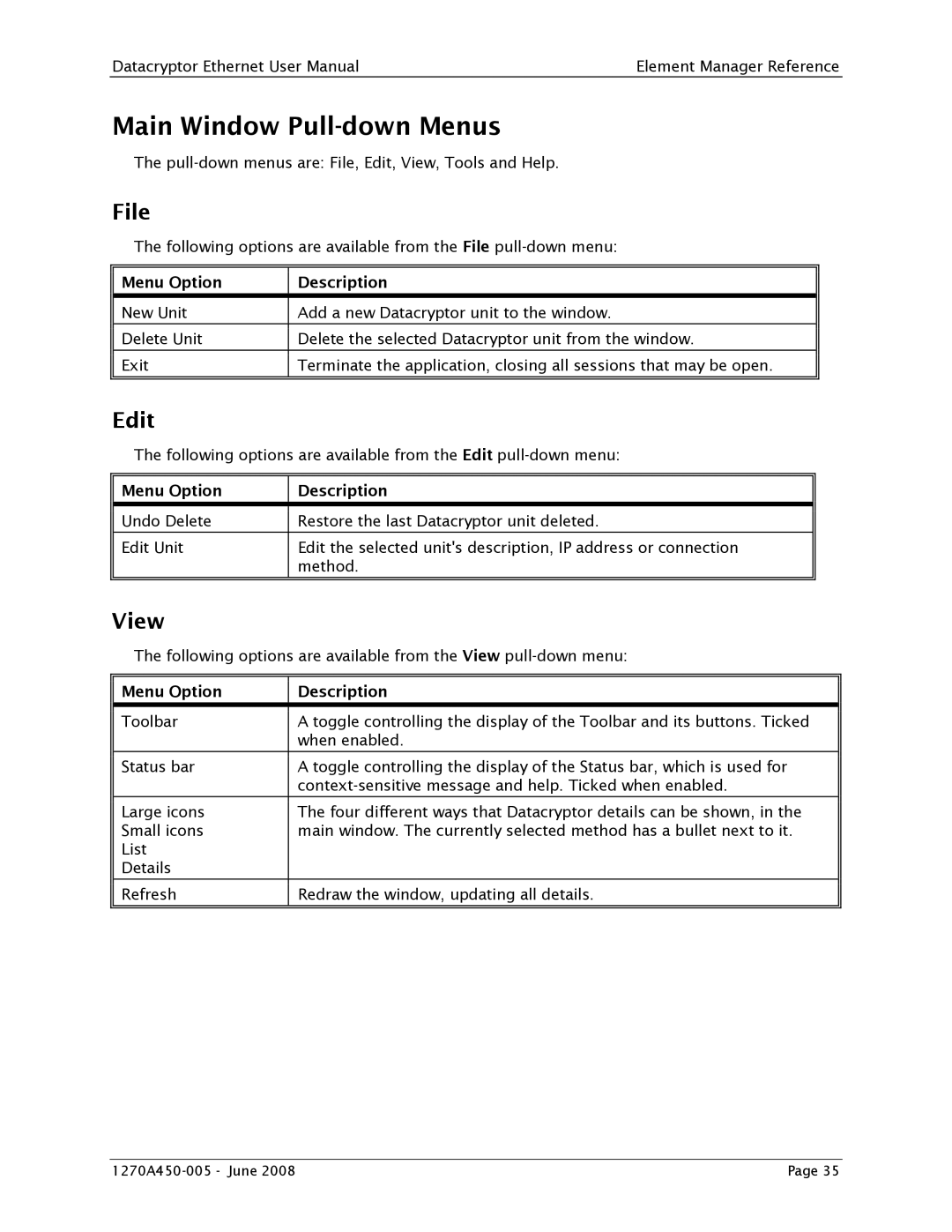 Angenieux 1270A450-005 user manual Main Window Pull-down Menus, File, Edit, View, Menu Option Description 