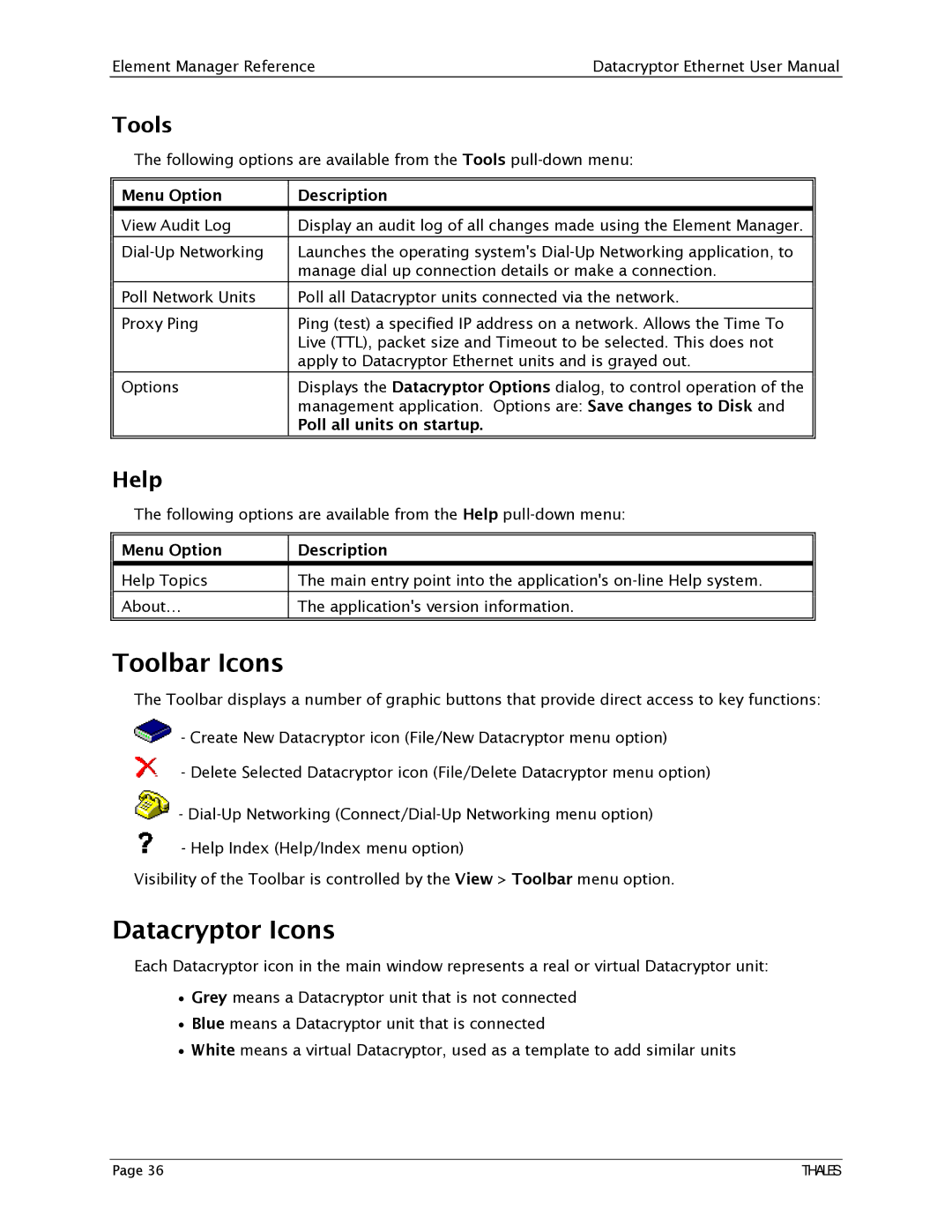 Angenieux 1270A450-005 user manual Toolbar Icons, Datacryptor Icons, Tools, Help, Poll all units on startup 