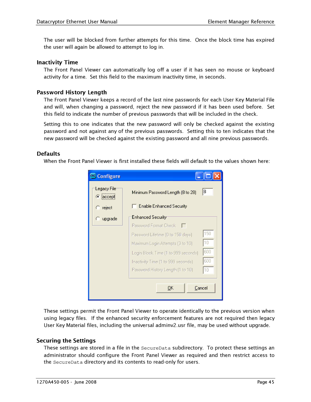 Angenieux 1270A450-005 user manual Inactivity Time, Password History Length, Defaults, Securing the Settings 