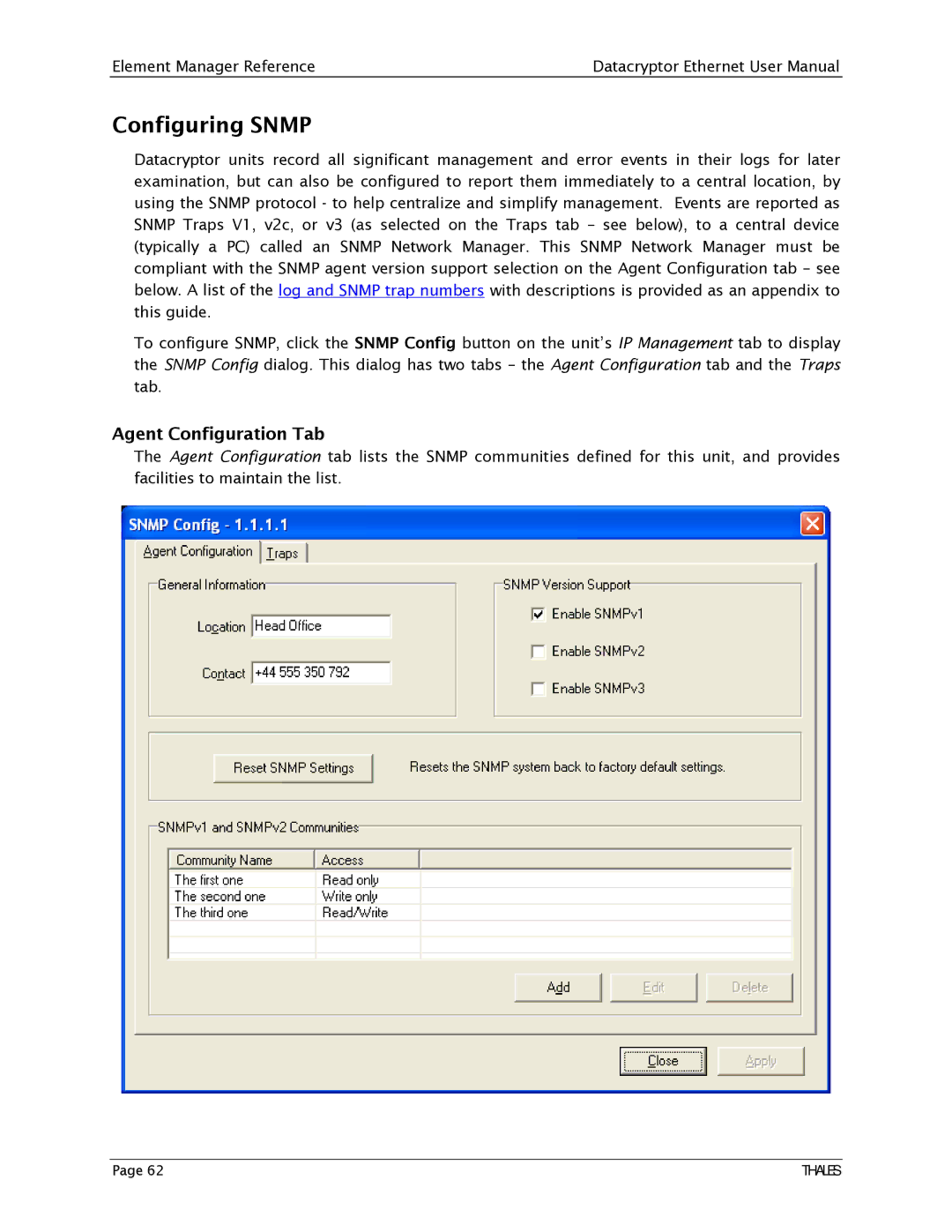 Angenieux 1270A450-005 user manual Configuring Snmp, Agent Configuration Tab 