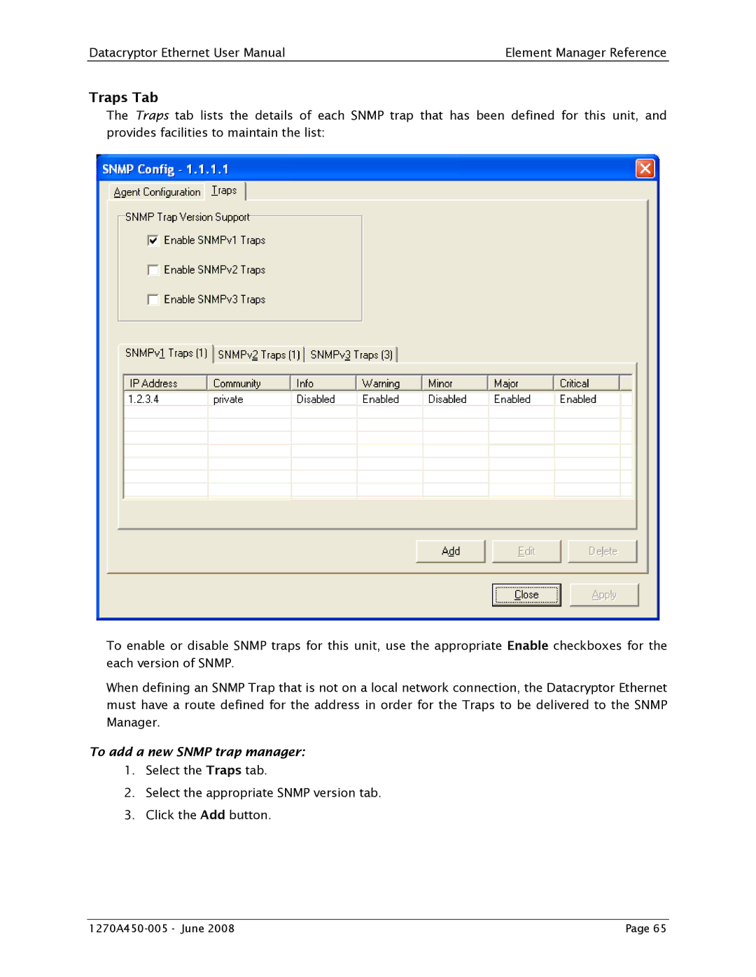 Angenieux 1270A450-005 user manual Traps Tab, To add a new Snmp trap manager 