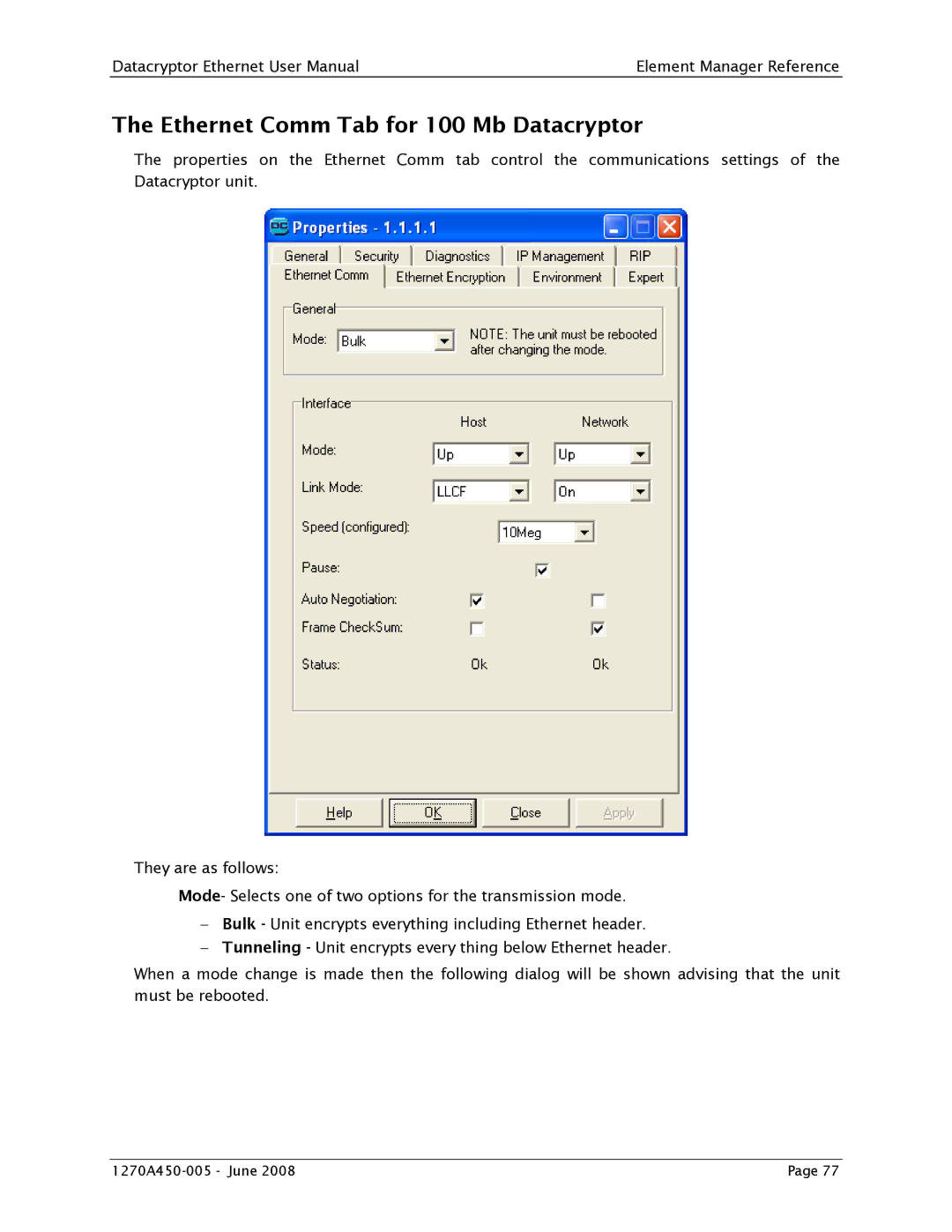 Angenieux 1270A450-005 user manual Ethernet Comm Tab for 100 Mb Datacryptor 