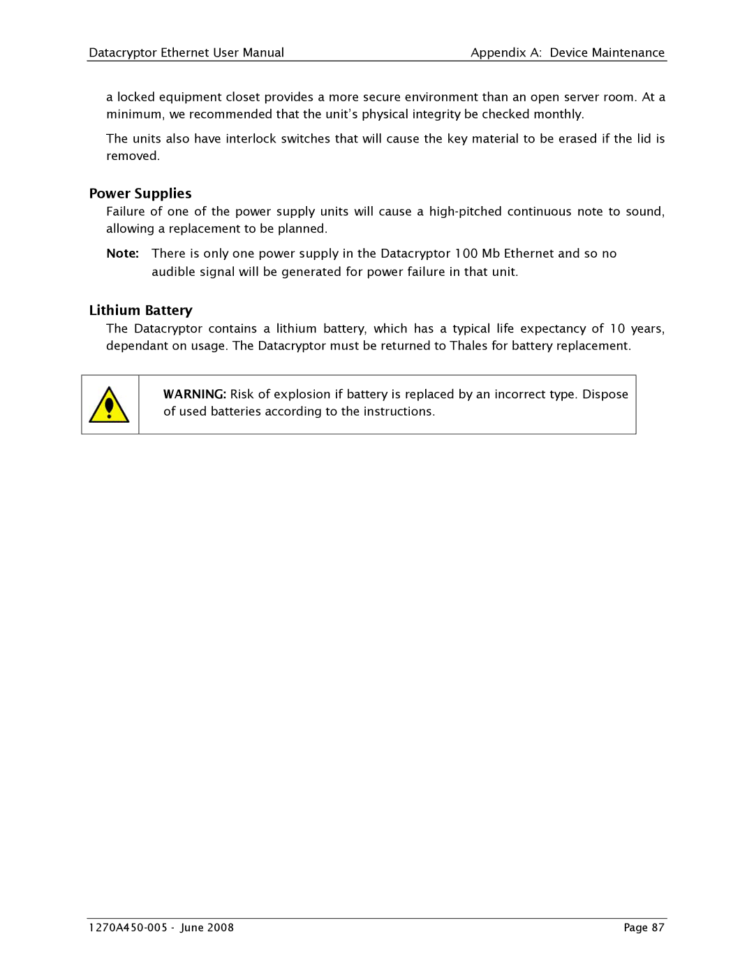 Angenieux 1270A450-005 user manual Power Supplies, Lithium Battery 