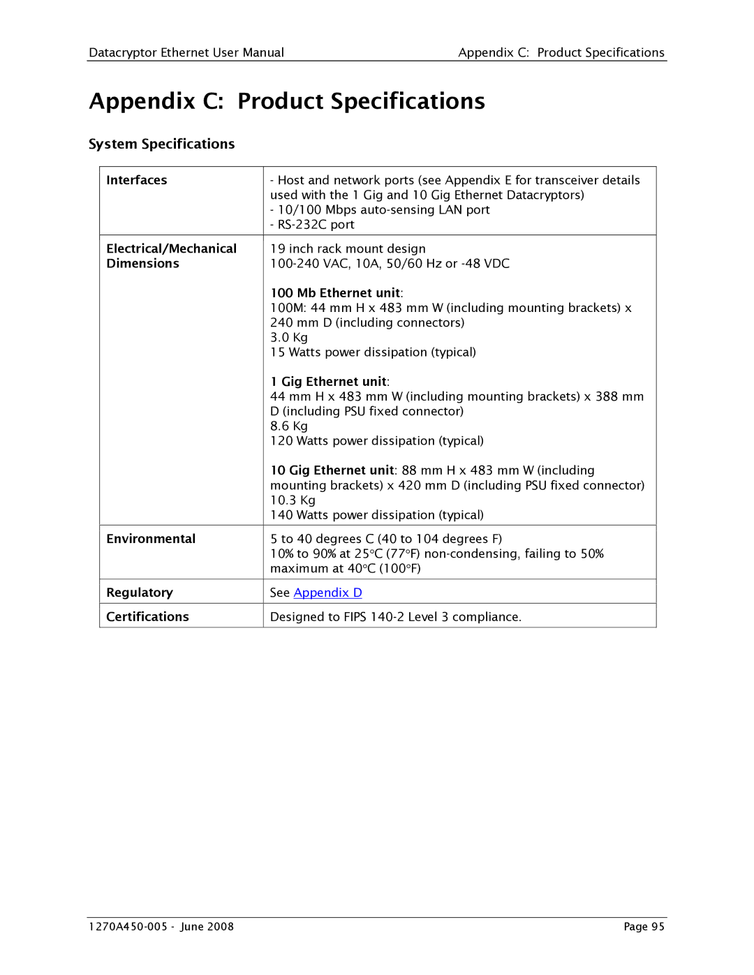 Angenieux 1270A450-005 user manual Appendix C Product Specifications, System Specifications 